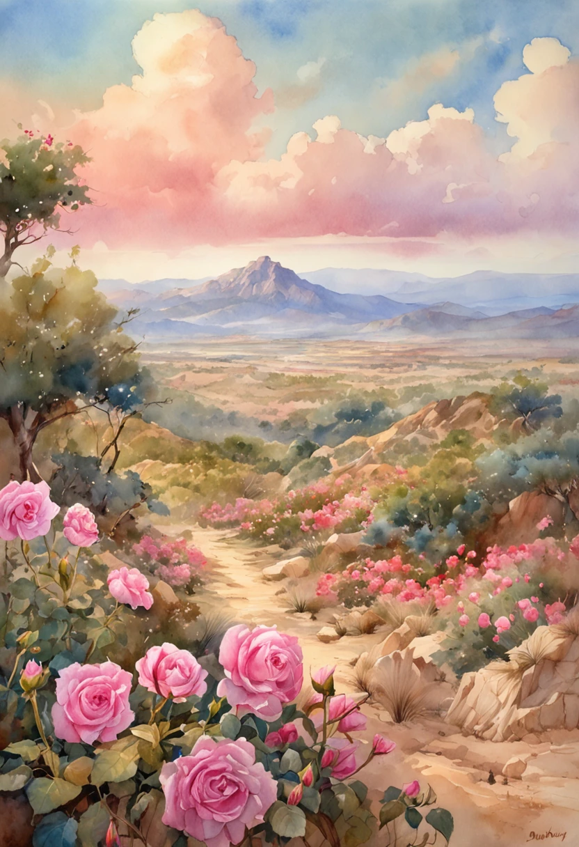 Summer, desert, pink clouds, a land overgrown with roses, James Gurney, art station rendering, ultra-wide lens, high definition
