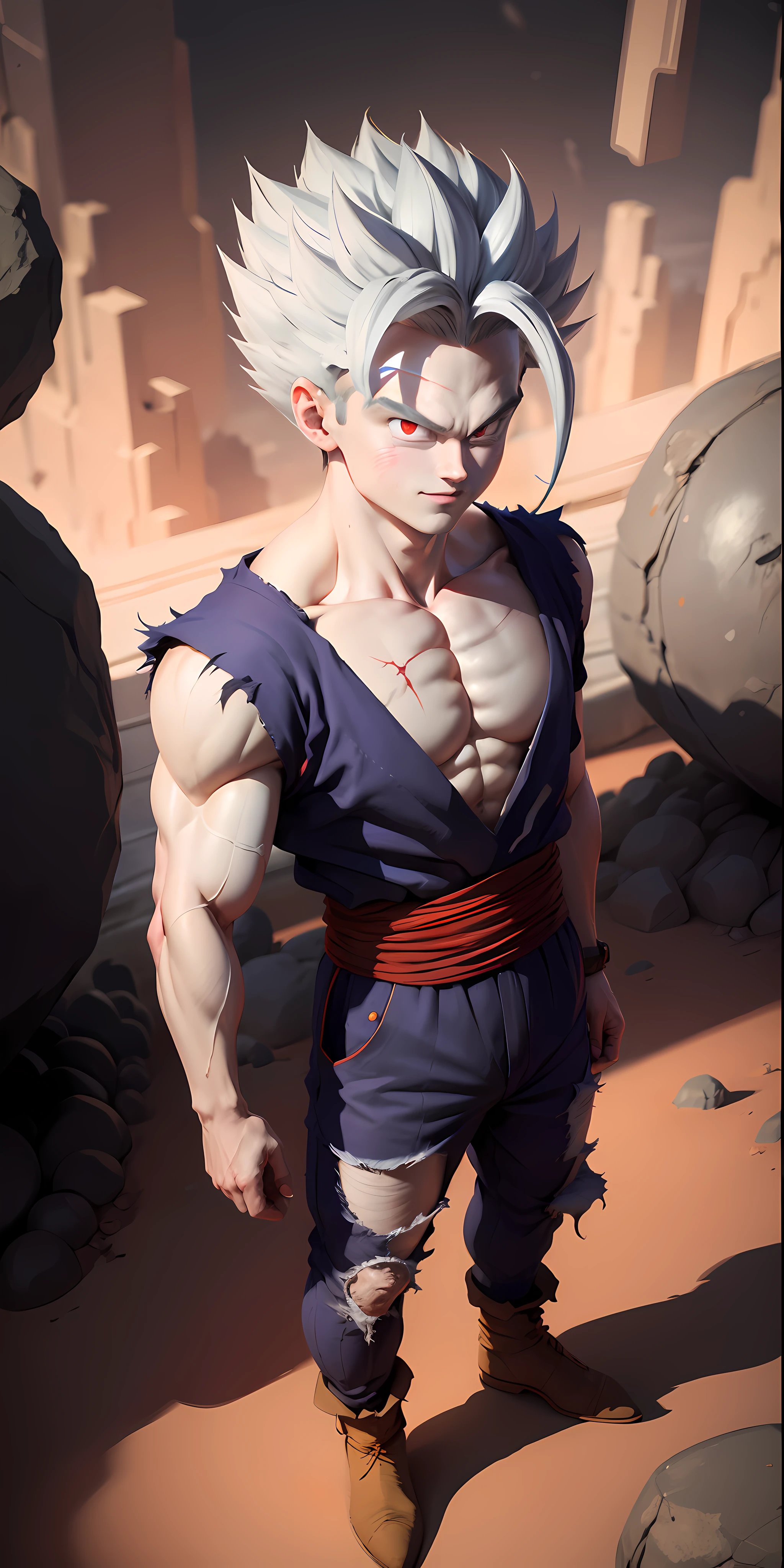 masterpiece, best quality, ultra-detailed, Adult Gohan 1boy, solo, Full body, evil smile, grey hair, spiked hair, red eyes, dougi, full body, looking at viewer, male focus, earth \(planet\), planet, space, cracked ground and rocks rising up, rubble rising,