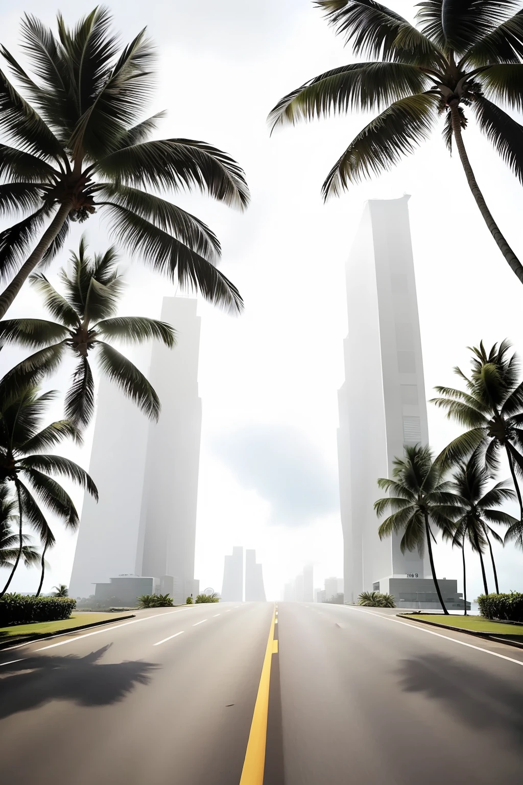 "A road to distant places，There are different high-rise buildings on both sides，There are coconut trees on both sides of the road，Prefabricated buildings，Green and low-carbon，sustainable development。"