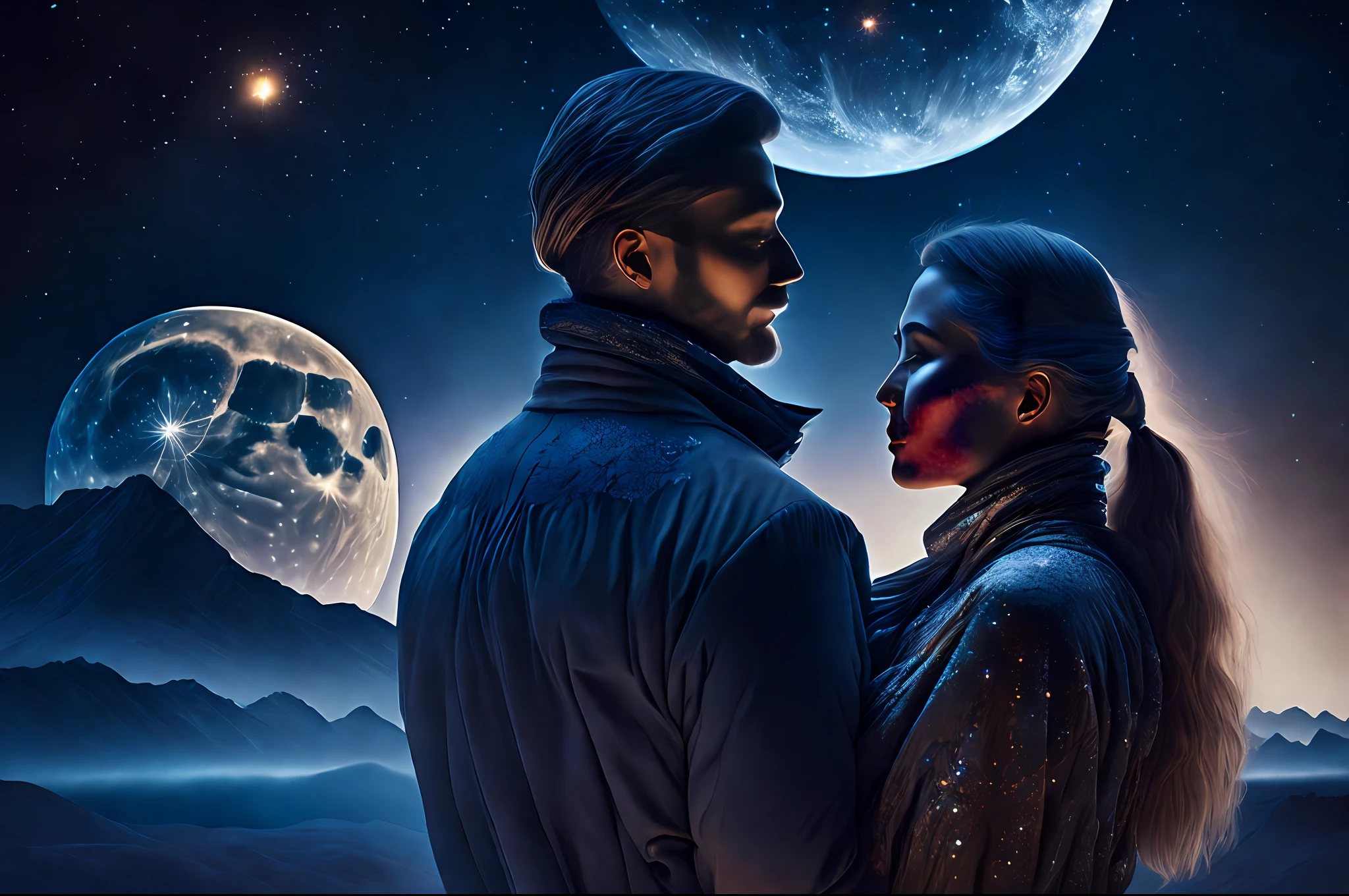 "a fantastic photograph of a couple embracing in the moonlight, the landscape is dreamlike, with incredible views, hyper-realistic, intricate details, highly detailed, cinematic style, award-winning photography"