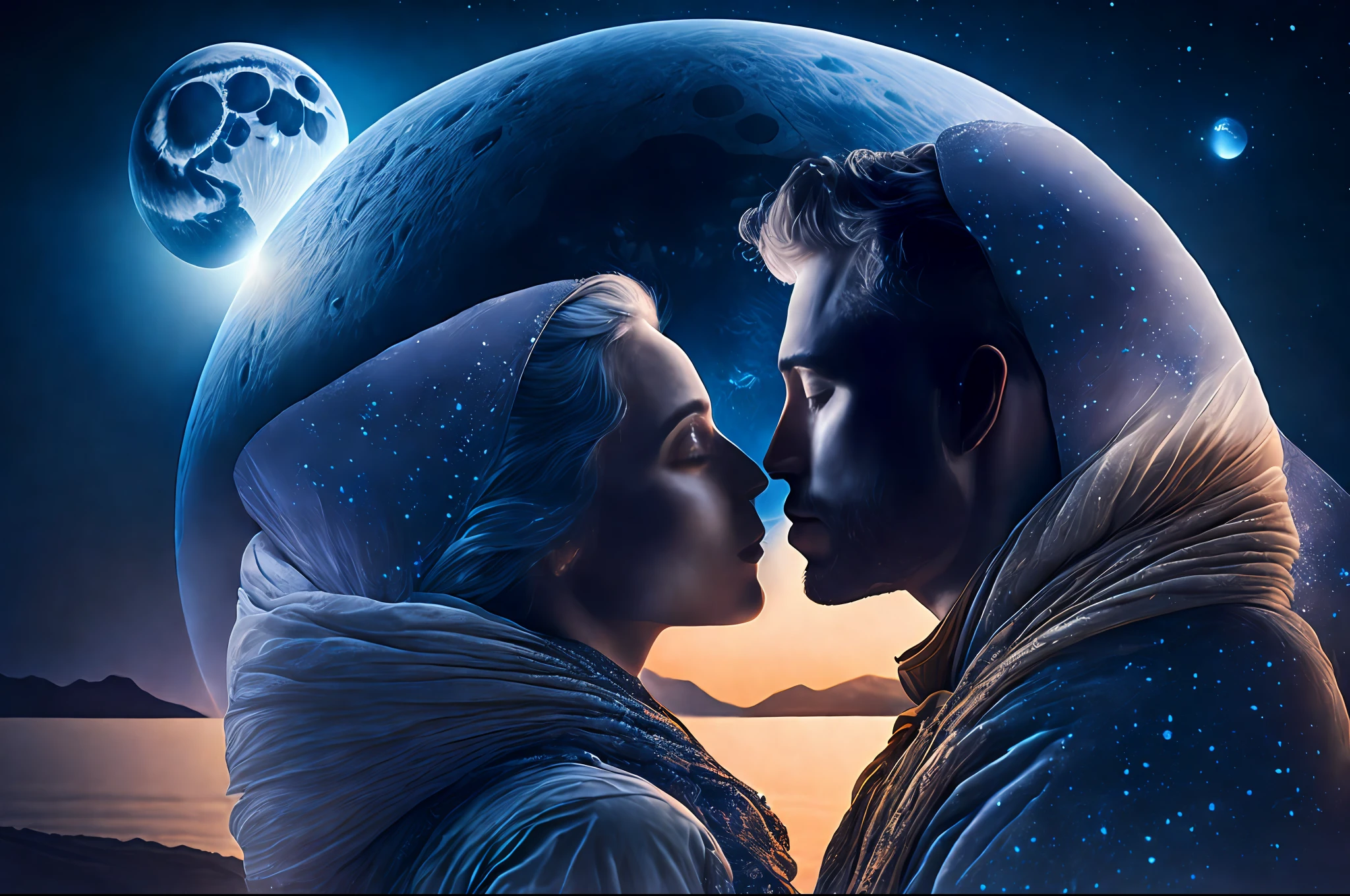 "a fantastic photograph of a couple embracing in the moonlight, the landscape is dreamlike, with incredible views, hyper-realistic, intricate details, highly detailed, cinematic style, award-winning photography"