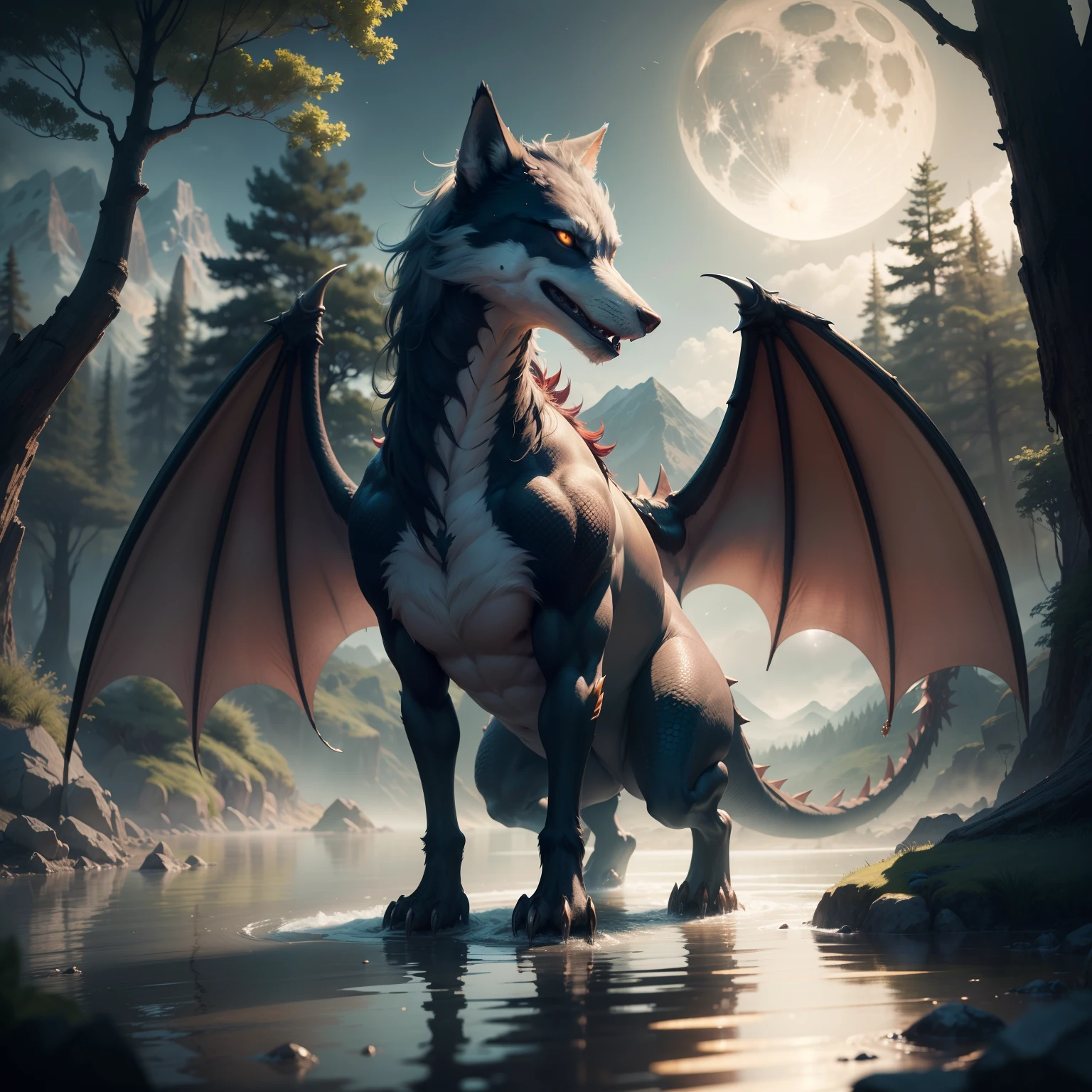 tmasterpiece,Best quality at best,high high quality,the Extremely Detailed CG Unity 8K Wallpapers,An enchanting and dreamy scene of a fantasy forest,Towering trees,Mountains and lakes with moon in the sky,Highly detailed digital art in 4K,4K HD wallpapers very detailed,impressive fantasy landscape,Sci-fi fantasy desktop wallpaper,Unreal Engine 4K wallpapers,4K detailed digital art,Sci-fi fantasy wallpaper,Epic dreamy fantasy landscape,4k hd matte digital painting,8K stunning artwork,half wolf, The half-dragon stands on its hind legs in the water,Sideways photo,There are four hands,There are extra-long dragon tails。There are vertical scales on the back。The eyes are fierce。Has big furry ears。The villain is handsome,Strong and powerful, Dramatic cinematic details fur, hyper realistic fur, highly realistic photograph, cinematic full body shot, cinematic full shot, guardian of the holy lake, adventure hyper realistic render, volumetric fur, ultra-realistic picture, Make a gesture of majesty, hyperreal rendering,A combination of mythical creatures, explicit, penis, tapered penis