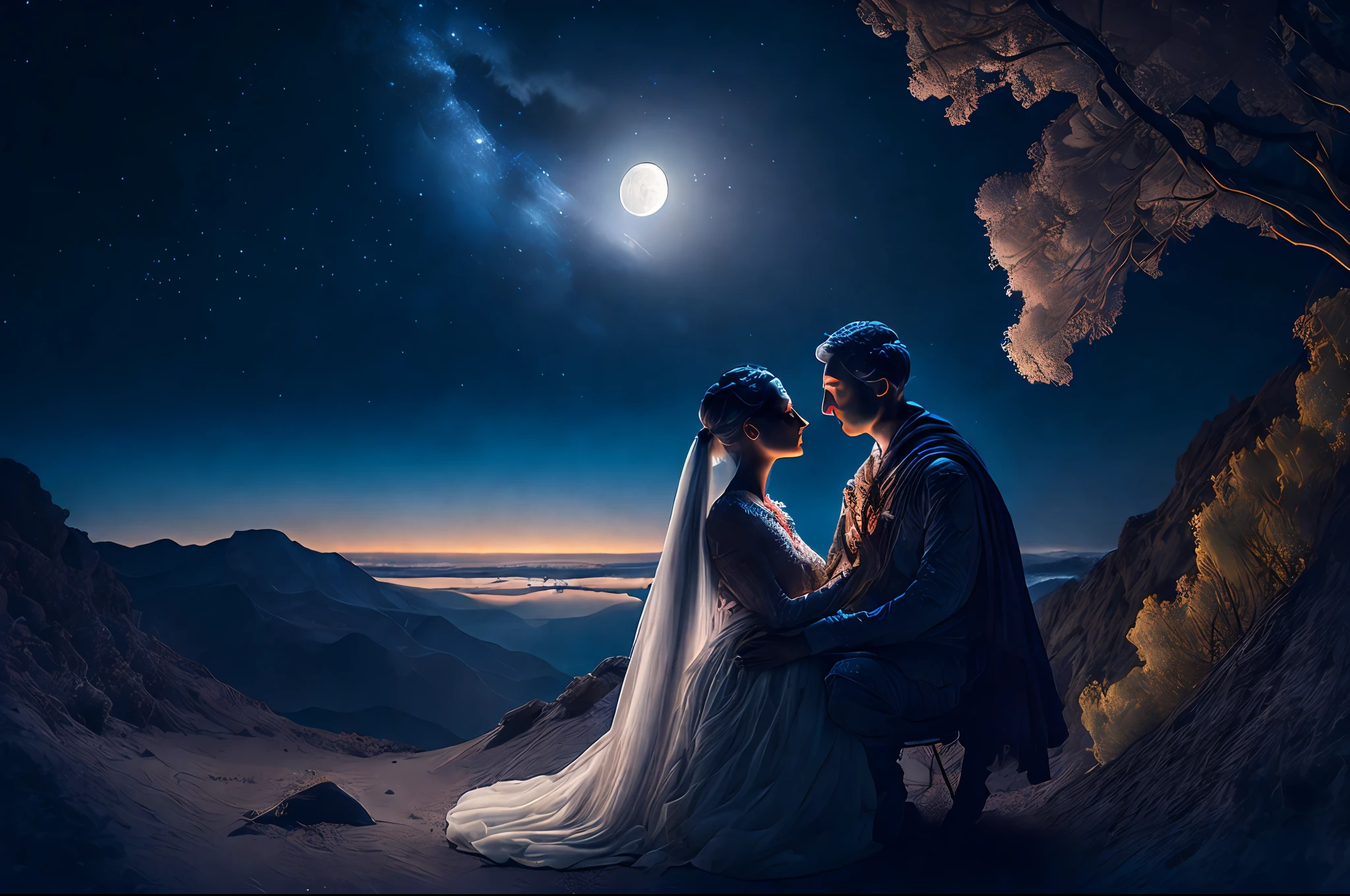I want you to create a vivid and romantic scene that takes place in the Arabian desert. The scene should include a couple passionately kissing under a beautiful full moon and stars, with a captivating blue sky as the backdrop. Make sure to mention a camel tied nearby and a bonfire burning to add to the ambiance. Use descriptive language to bring this enchanting moment to life, highlighting the serenity and beauty of the surroundings.