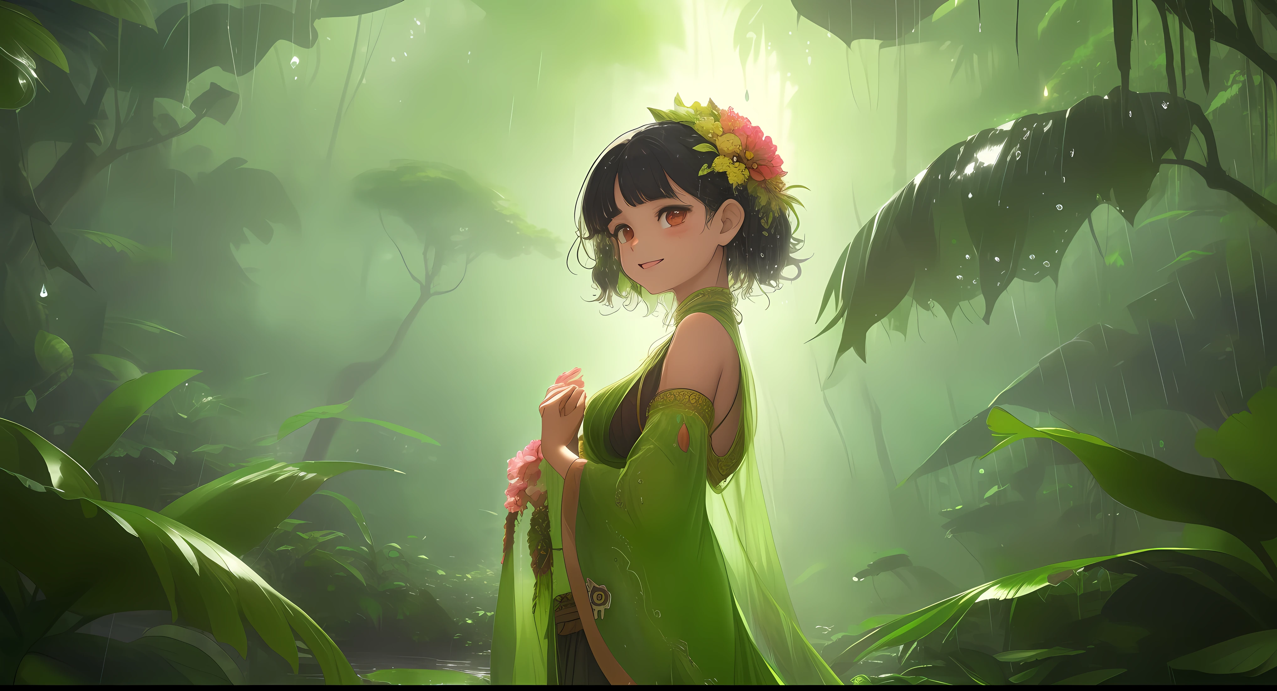 The dense foliage forms a canopy that filters the sunlight, casting a soothing green hue over the landscape. Towering trees adorned with vibrant and oversized flowers create a surreal and breathtaking environment. The air is filled with the rich scent of earth and rain, promising the magic of the ongoing rainy season.Amidst this breathtaking expanse, a young girl named Aanya explores the beauty of the jungle. Her presence blends seamlessly with the natural wonder around her. Aanya's eyes reflect a sense of wonder and curiosity as she gazes at the towering trees and the vibrant flora. Her rain-kissed hair frames her face, which holds a mixture of awe and serenity.The flower-filled jungle seems to embrace Aanya as she ventures deeper into its heart. Enormous blossoms of vivid colors surround her, forming a vibrant tapestry that delights the senses. The petals are large enough for her to sit upon, creating an almost surreal experience. Droplets of rainwater cling to the petals, reflecting the world around them like tiny glistening jewels.As Aanya walks, her fingers brush against the velvety petals, causing them to release a subtle fragrance that mingles with the scent of the rain. The ground beneath her feet is soft and slightly damp, a reminder of the life that thrives within this jungle. The occasional sound of distant chirping birds and the soft rustling of leaves adds to the symphony of nature.The rain intensifies, creating a gentle melody as it patters on the leaves above. Aanya tilts her head back, allowing the cool raindrops to kiss her skin. She laughs, her joy a perfect harmony with the tranquil rhythm of the jungle. In this moment, she is one with the environment, a part of the enchanting dance of life that unfolds within the heart of the rainforest.
