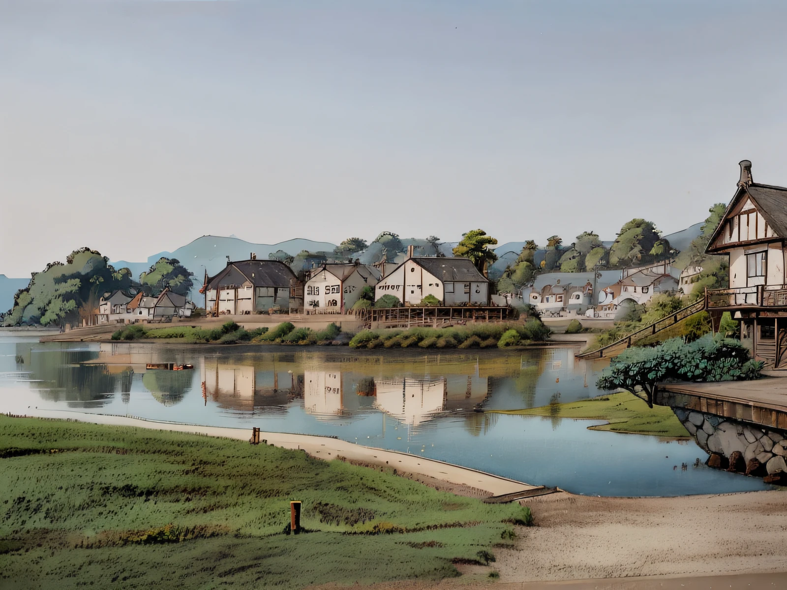 Cartoony,illustration,watercolor paiting,There are many houses on the water,There is a pier in the background, House on stilts, beach house, Lakeside villas, view from the lake, of a small village with a lake, residential area, from the distance, Several cottages, looking partly to the left, beautiful rtx reflections, Beautiful view, Extremely high quality, lake scene, at the waterside