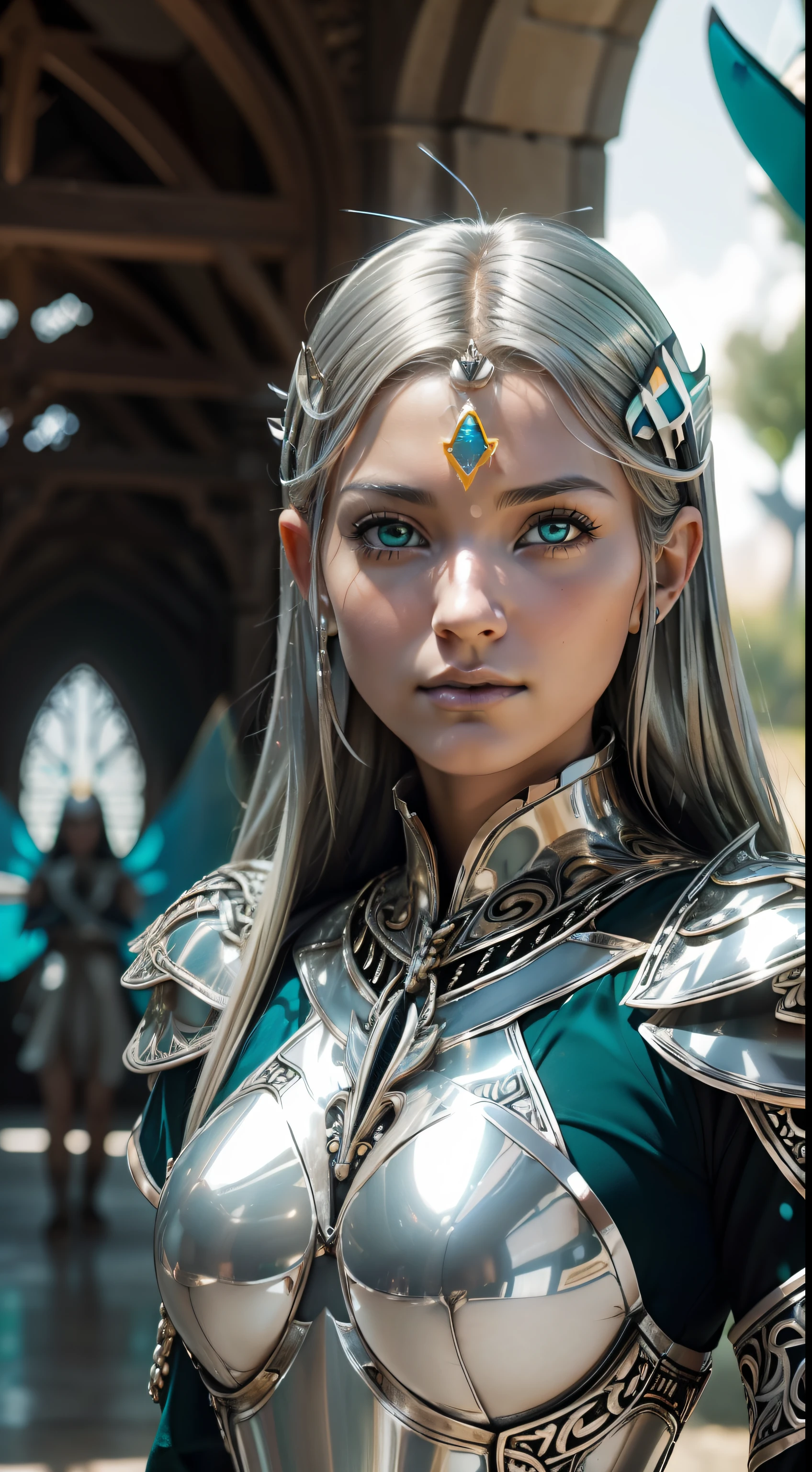 (masterpiece), (extremely intricate:1.3), (realistic), portrait of a girl, the most beautiful in the world, green eyes, very high quality model, perfect lips, perfect nose, perfect eyes, (medieval armor), metal reflections, outdoors, intense sunlight, far away castle, professional photograph of a stunning woman detailed, sharp focus, dramatic, award winning, cinematic lighting, , volumetrics dtx, (film grain, blurry background, blurry foreground, bokeh, depth of field, sunset,interaction, Perfectchainmail,((confident)), (cinematic, navi and silver:1.4),
