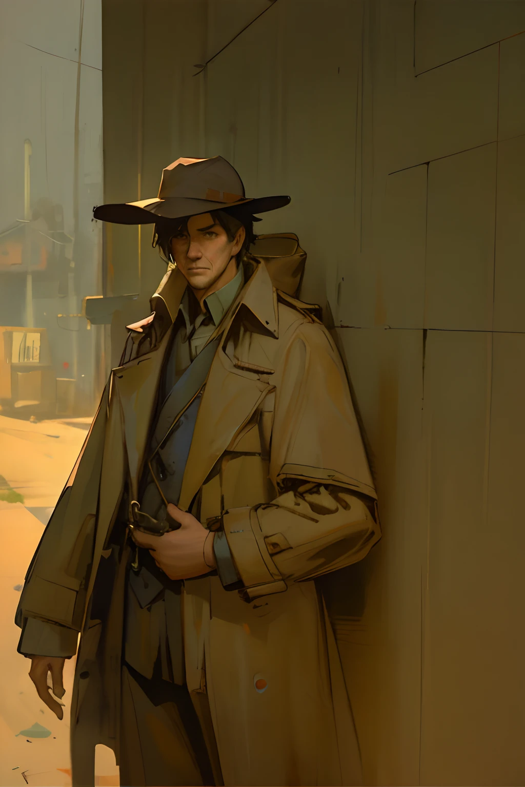 there is a man in a hat and trench coat standing in a dirt area, craig mullins style, artwork in the style of guweiz, postapocalyptic explorer, disco elysium character, guweiz, by Yang J, inspired by Yoshihiko Wada, krenz cushart and wenjun lin, illustration concept art, stunning character art