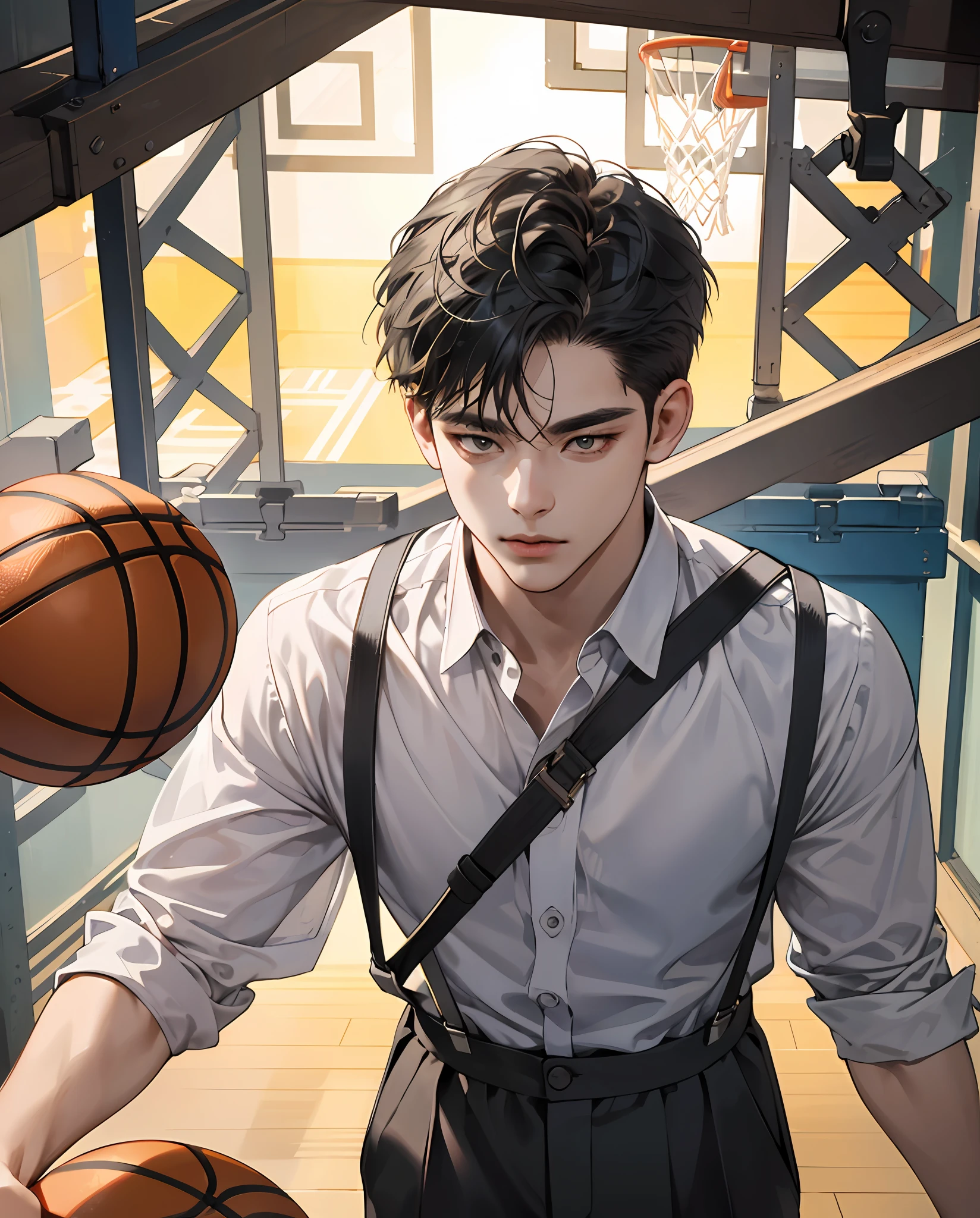 (masterpiece best quality), Realistic, (Real picture, Intricate details, Depth of field), (1 man, Solo), highly  detailed, Perfect face, (skin indentation), Overlooking the perspective， facing at camera，vibrancy，Youth faces，Sunny male，middle parted hairstyle，basketball ball，Suspenders，Asian people，