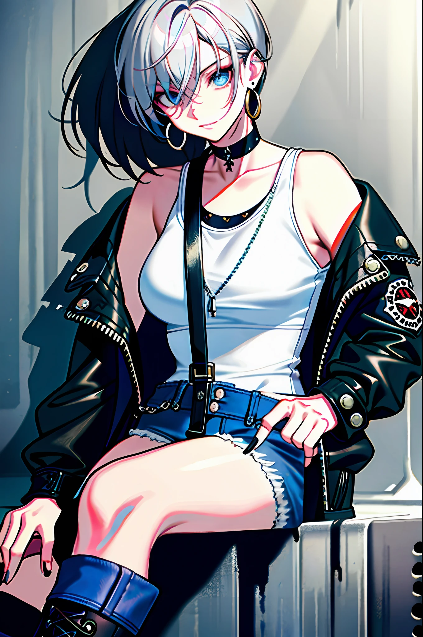 score_9, score_8_up, score_7_up, source_anime, 1 woman, playful hands((), ((playful smile and face)), lize1st, hair ornament, (undersized sleevless shirt) (), ((highlighted chest)) knee high lace-up boots, tall boots, choker necklace, ((goth girl)), (dynamic angle), (dynamic pose), sweat, ((night alleyway)), (( blush)), gothmom, multicolored hair, ((hair over eyes)), ((norman rockwell style:1.4)) ((night time lighting)) ((deep dark shadows)) dark, low key, (milf)
