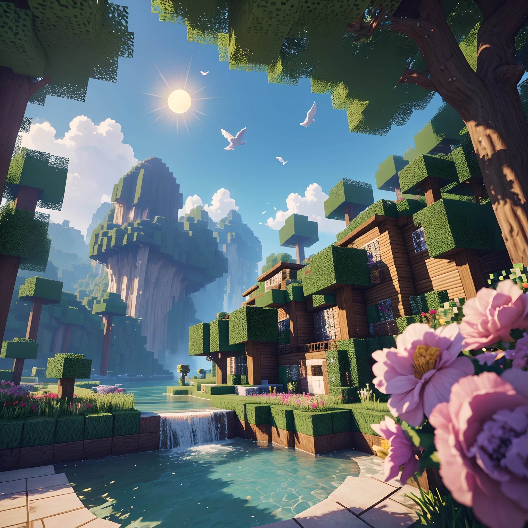 Welcome to the world of Minecraft with its captivating and charmingly simple pixel atmosphere. As you step into this world, you'll be mesmerized by the colorful scenery of pixel blocks forming the environment around you.
The bright blue sky adorns the heavens, with soft white clouds gently drifting in the distance. The sunlight illuminates the land and trees with warm colors, creating a comfortable and peaceful ambiance.
As the sun starts to set, the sky transforms into beautiful shades of orange and purple. Glittering pixel stars begin to appear one by one, adding enchantment to the night sky.
You walk amidst pixelated fields, surrounded by charming creatures that may look simple but exude their own unique charm. Some pixelated wolves play around, while pixel birds chirp happily in nearby trees.
Occasionally, you hear the gentle sound of flowing water, signaling the presence of a river or lake not far from where you stand. You feel the urge to explore and get a closer look at the natural wonders around you.
With a stack of simple blocks, you can build a humble yet charming pixel home. Perhaps a wooden cabin in the middle of the forest or a small hut atop a hill. The choices are only limited by your imagination.
In this simple pixel atmosphere, you experience peace and wonder in every corner of the Minecraft world. You don't need complex graphics to feel the joy and creativity as you embark on your adventure. Enjoy the magic of the pixel world within the game of Minecraft!