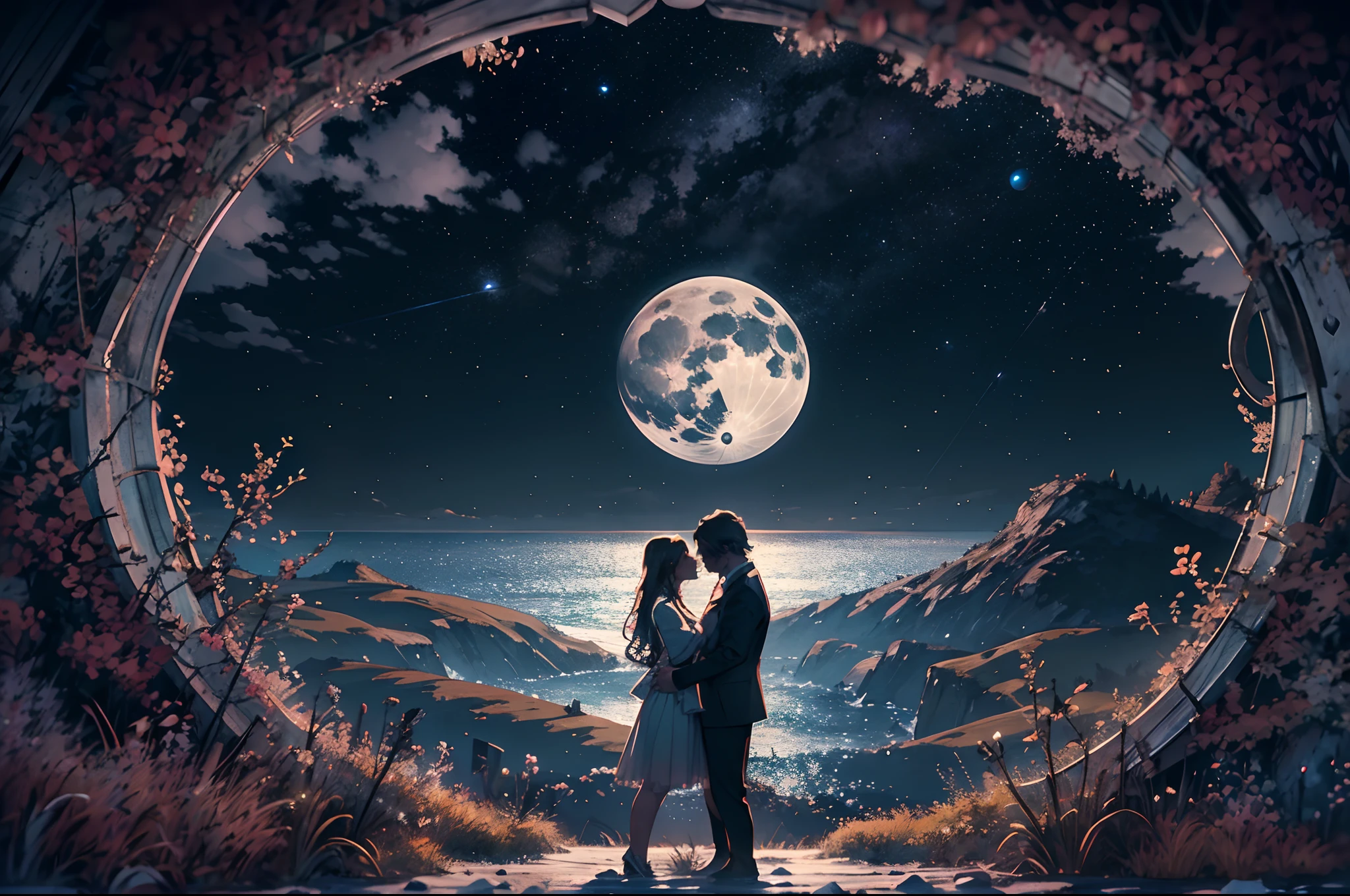 "a fantastic photograph of a couple embracing in the moonlight, the landscape is dreamlike, with incredible views, hyper-realistic, intricate details, highly detailed, cinematic style, award-winning photography"