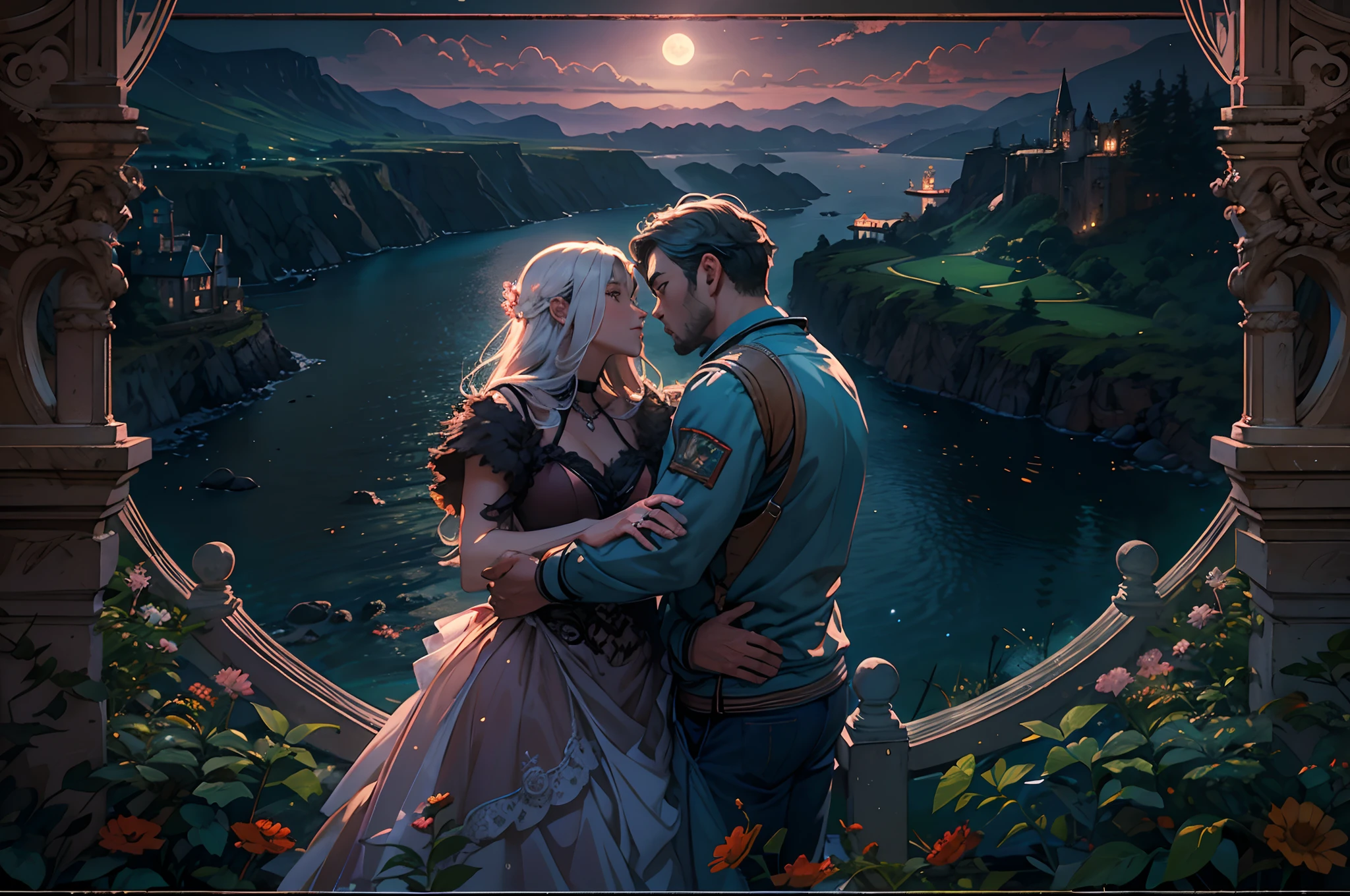 "a fantastic photograph of a couple embracing in the moonlight, the landscape is dreamlike, with incredible views, hyper-realistic, intricate details, highly detailed, cinematic style, award-winning photography"