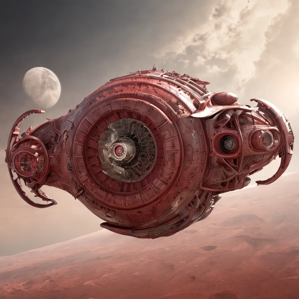 A red paint-splashed H.R. Giger-style fractal gothic biomechanical spaceship racing through The Many Branching Tomorrows.