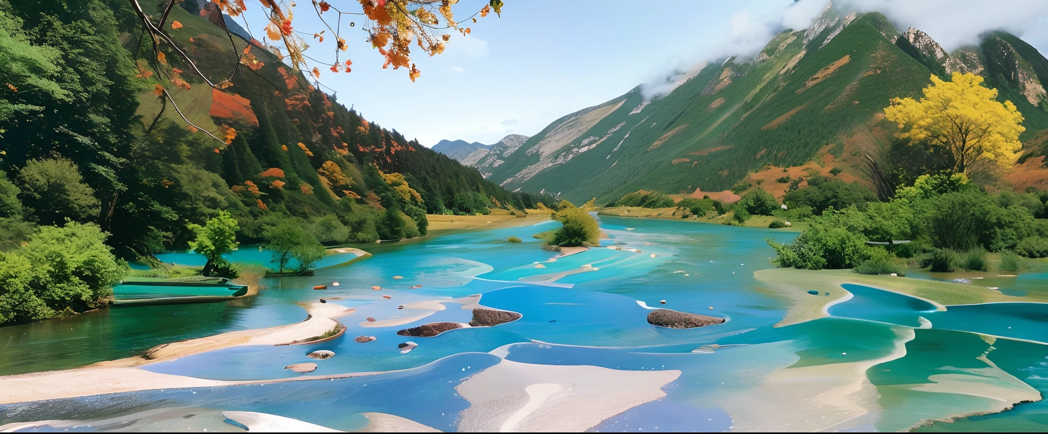 There is a river,Aqua blue,The background is a mountain, Extraordinary colorful landscape, Scenic Colorful Environment, natural landscape beauty, Really beautiful nature, Majestic nature, breathtaking colors, blue and green water, azure water, puddles of turquoise water, rich picturesque colors, river with stunning water, Beautiful nature, Blue waters, very beautiful scenery