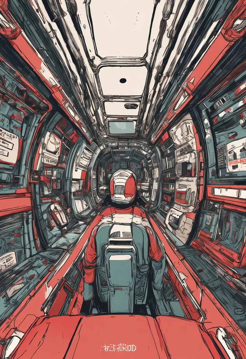 Space capsule，looki at viewer，Realiy，A man in a black skinny leather suit wearing a futuristic helmet，cowboy lens，（fish eye），Cramped and dirty room，clothes details，Japan's old red light district，（（（）），（（natta））， raw data, Dark, Cinematic