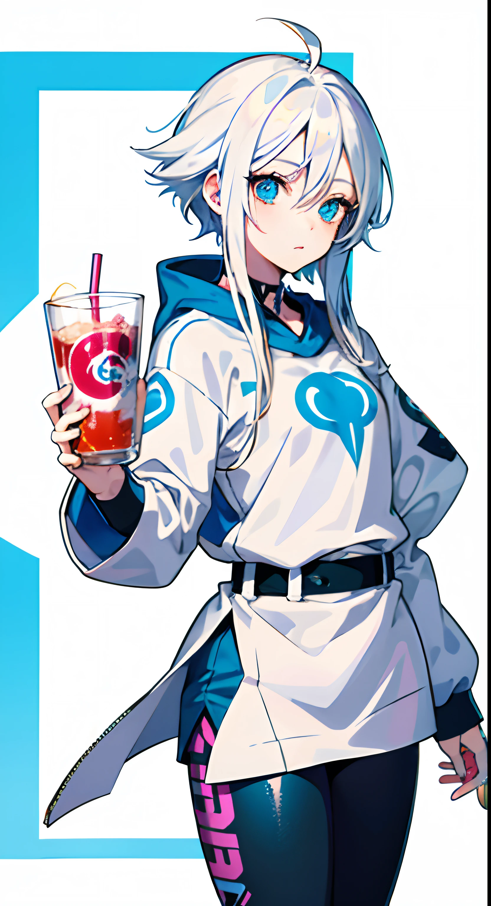 Anime girl with white hair and blue eyes holding a cup, anime girls drink Energy drink, soda themed girl, Guviz-style artwork, Guviz, anime vibes, drinking a drink, beautiful anime art style, animeaesthetic, style of anime, Perfect white haired girl, in an anime style, holding a drink, Anime style illustration