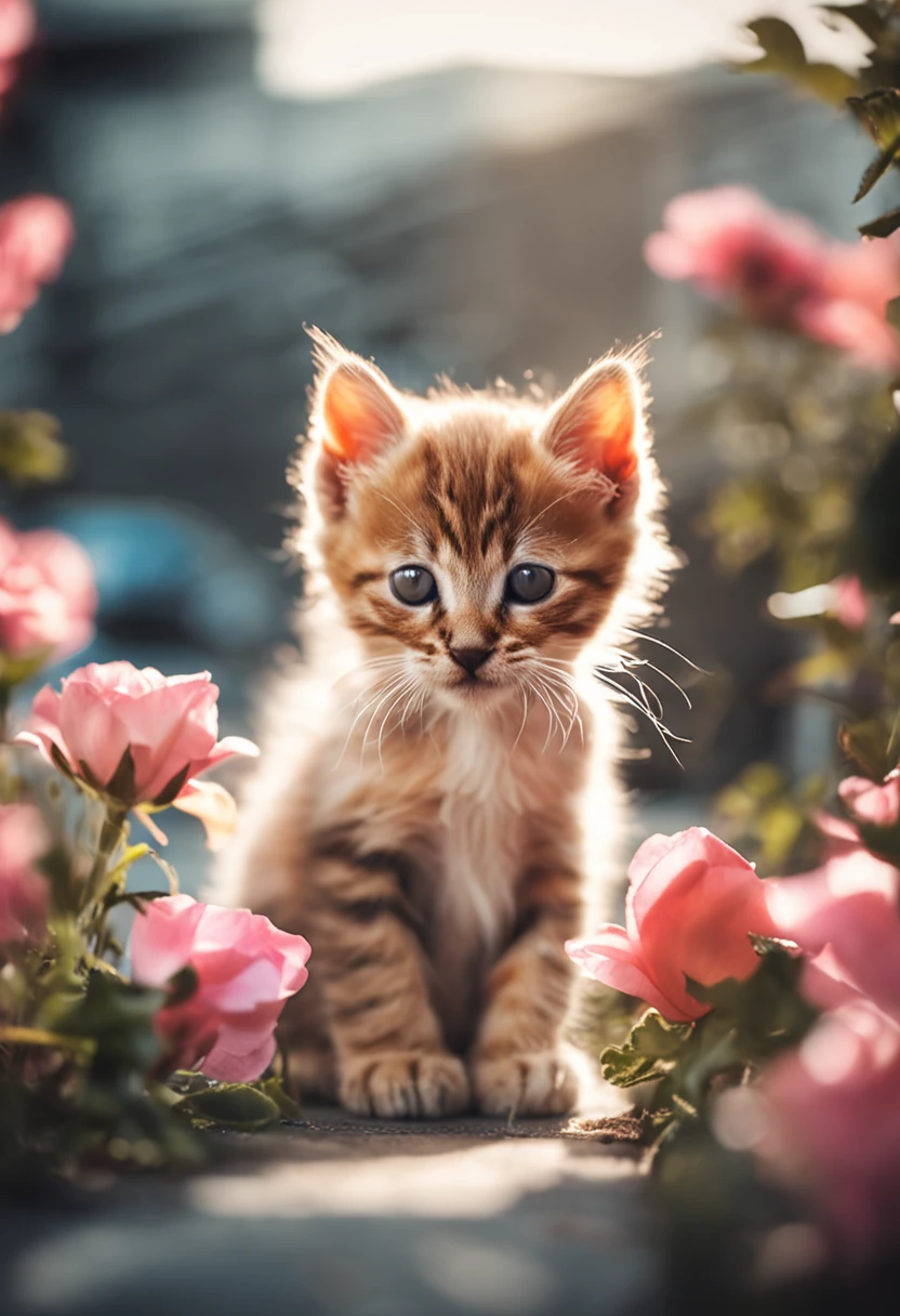Kittens eating petals in the garden，Rose flower，crystal vases，and the sun was shining brightly