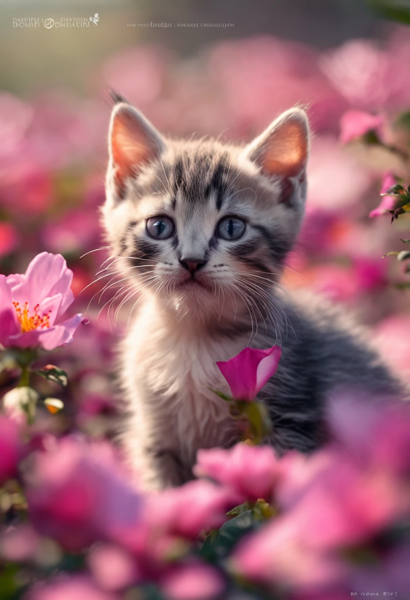 Kittens eating petals in the garden,Rose flower,crystal vases,and the sun was shining brightly