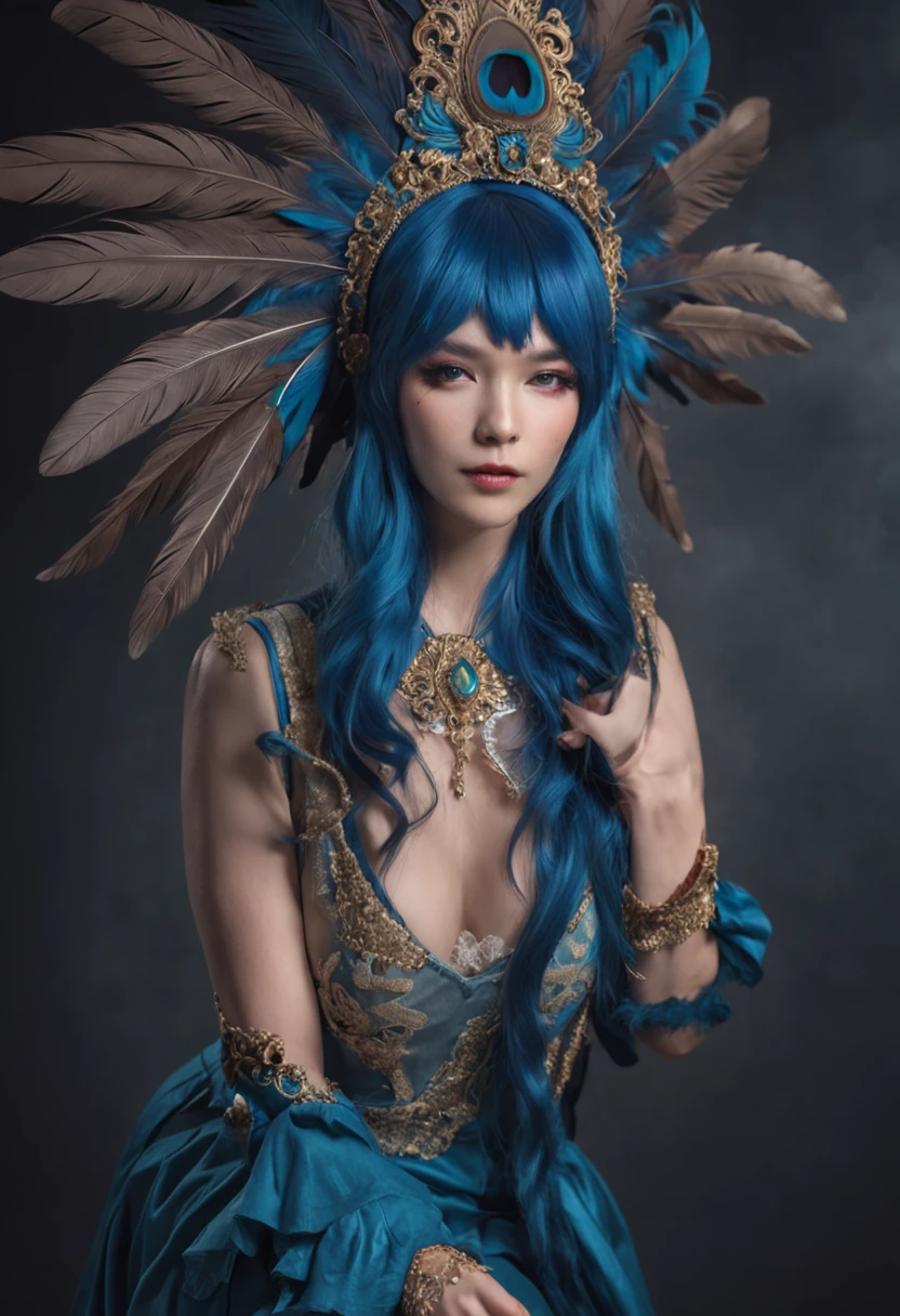 There is a blue hair,Woman with feathers on her head, fantasy photoshoot, glamourous cosplay, girl with feathers, elegant glamourous cosplay, Alice X. zhang, fantasy character photo, Guviz-style artwork, Shot on Canon EOS R 6, Ruan Jia and Artgerm, by Yang J, Gorgeous Role Play, rococo cyberpunk