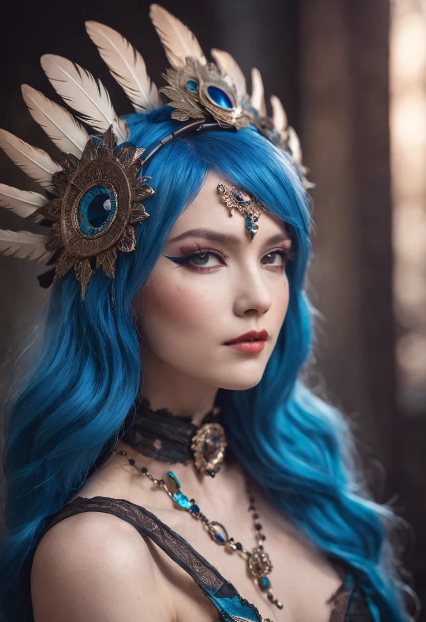 There is a blue hair，Woman with feathers on her head, fantasy photoshoot, glamourous cosplay, girl with feathers, elegant glamourous cosplay, Alice X. zhang, fantasy character photo, Guviz-style artwork, Shot on Canon EOS R 6, Ruan Jia and Artgerm, by Yang J, Gorgeous Role Play, rococo cyberpunk