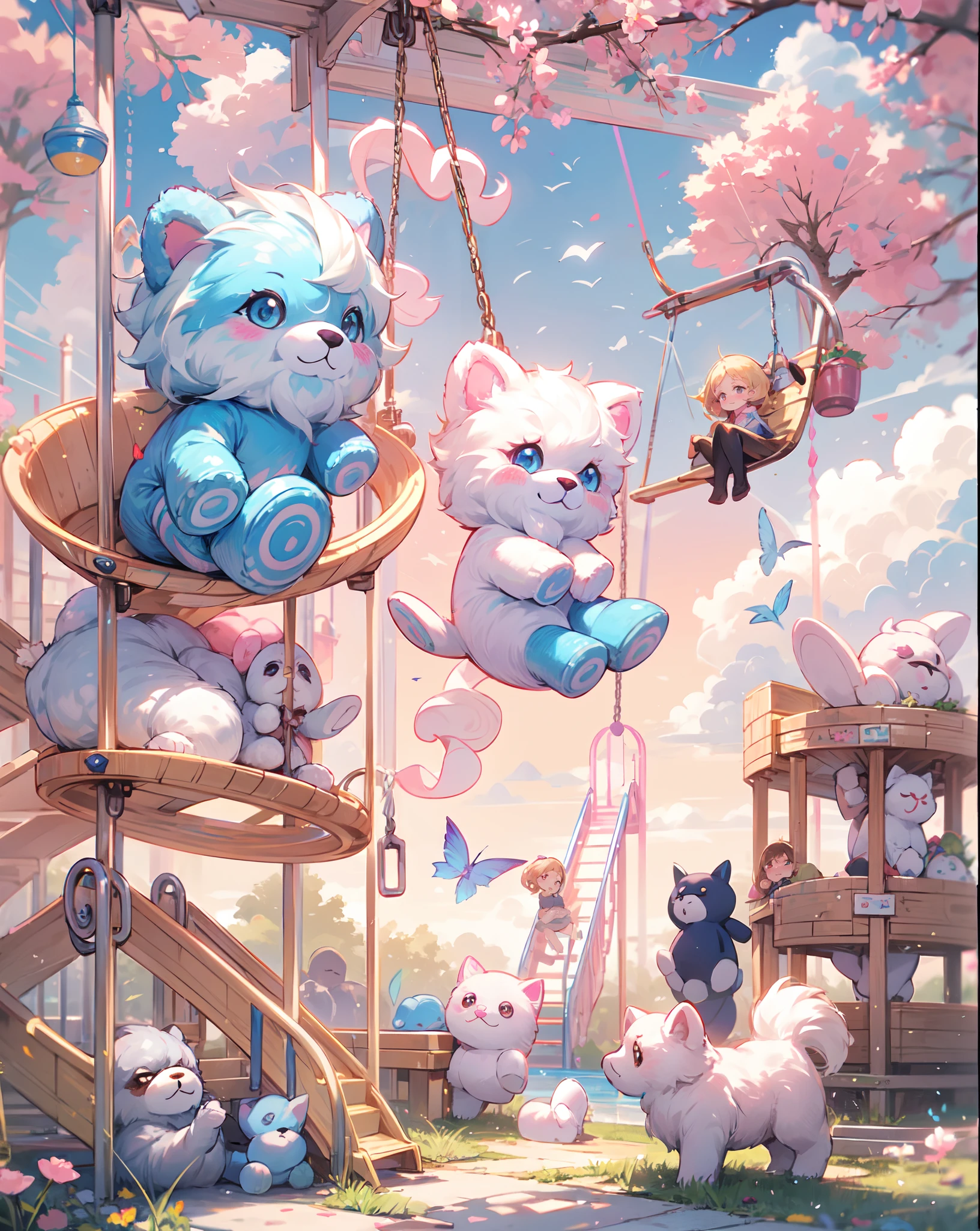 "A stunning photoRealistic drawing of adorable fluffy soft toys joyfully playing on a colorful playground under a beautiful pink and blue sky. The scene is filled with many soft toys happily hopping around, enjoying the swings and slides. They seem to be cuddling and having a delightful time with their fluffy companions."