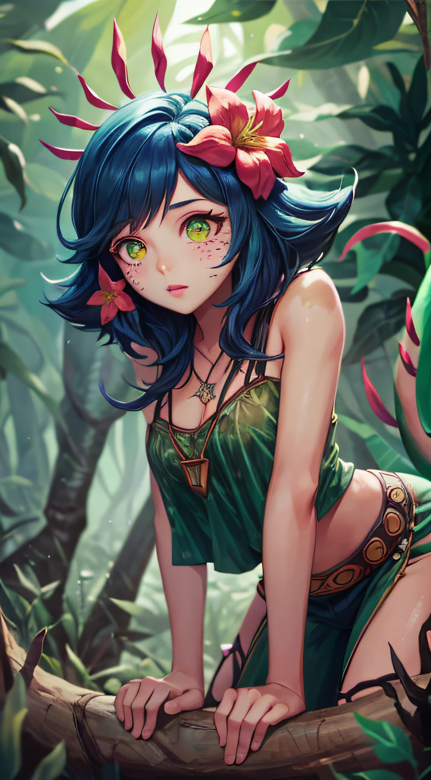 Best quality, Intricate details, 1girll,Nico，league of legend，Bend over，watchfulness， facial marks, hair adornments, hair flower, necklace, shorter pants, Crop topping,(Green lizard tail), ln the forest, jungles, the rainforest, A plant, Green trees