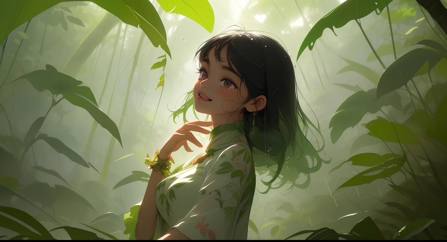 The dense foliage forms a canopy that filters the sunlight, casting a soothing green hue over the landscape. Towering trees adorned with vibrant and oversized flowers create a surreal and breathtaking environment. The air is filled with the rich scent of earth and rain, promising the magic of the ongoing rainy season.Amidst this breathtaking expanse, a young girl named Aanya explores the beauty of the jungle. Her presence blends seamlessly with the natural wonder around her. Aanya's eyes reflect a sense of wonder and curiosity as she gazes at the towering trees and the vibrant flora. Her rain-kissed hair frames her face, which holds a mixture of awe and serenity.The flower-filled jungle seems to embrace Aanya as she ventures deeper into its heart. Enormous blossoms of vivid colors surround her, forming a vibrant tapestry that delights the senses. The petals are large enough for her to sit upon, creating an almost surreal experience. Droplets of rainwater cling to the petals, reflecting the world around them like tiny glistening jewels.As Aanya walks, her fingers brush against the velvety petals, causing them to release a subtle fragrance that mingles with the scent of the rain. The ground beneath her feet is soft and slightly damp, a reminder of the life that thrives within this jungle. The occasional sound of distant chirping birds and the soft rustling of leaves adds to the symphony of nature.The rain intensifies, creating a gentle melody as it patters on the leaves above. Aanya tilts her head back, allowing the cool raindrops to kiss her skin. She laughs, her joy a perfect harmony with the tranquil rhythm of the jungle. In this moment, she is one with the environment, a part of the enchanting dance of life that unfolds within the heart of the rainforest.