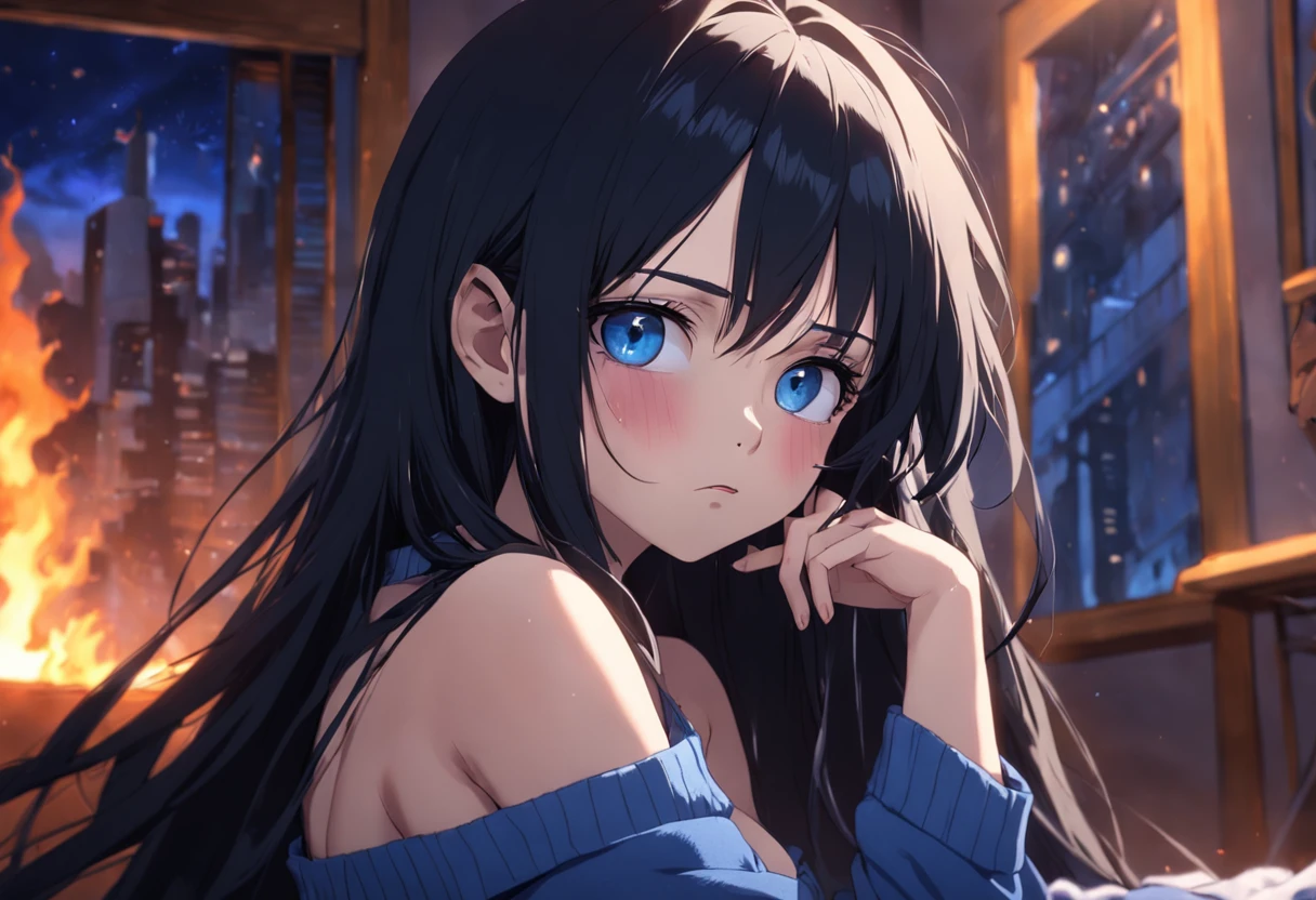 Create an illustration of black hair and blue eyes, sitting in a chair in front of a desk, Sentimental, Introspective look。, The moonlight gently shines into the room, Gently illuminate the space, Curtains sway in the wind, Increase tranquility, Dark mood, Emphasise the theme of loneliness, silence, And the depths of night, The room is dark、dimly lit by the moonlight