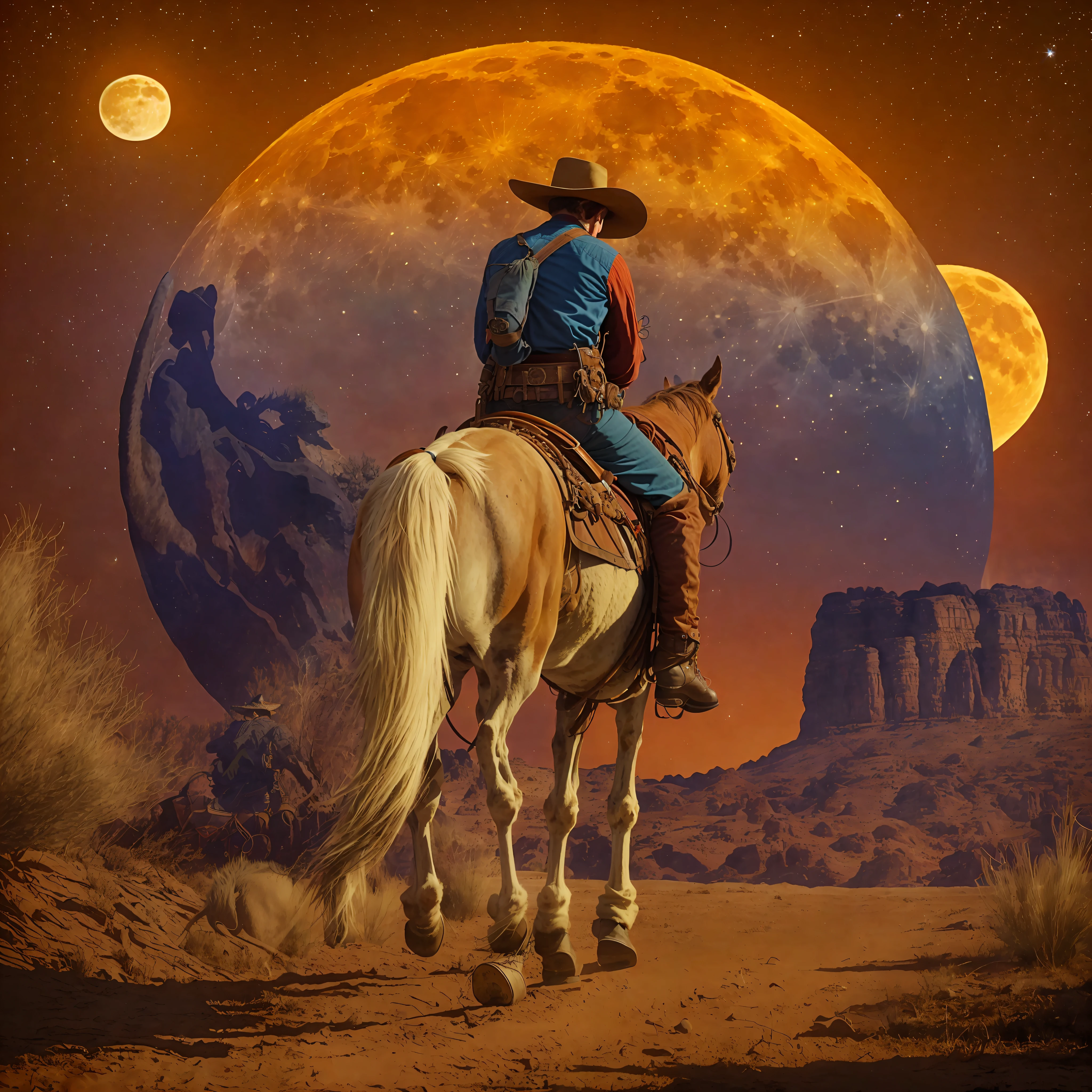 there is a man riding a horse in front of a full moon, riding a horse on the moon, cowboy, cowboy on the range, photo from behind of a cowboy, in the old west, the cowboy in the weird west, old west, lone ranger, cowboy dream, inspired western comic, lonely rider, by Cindy Wright, space western, moonwalker photo