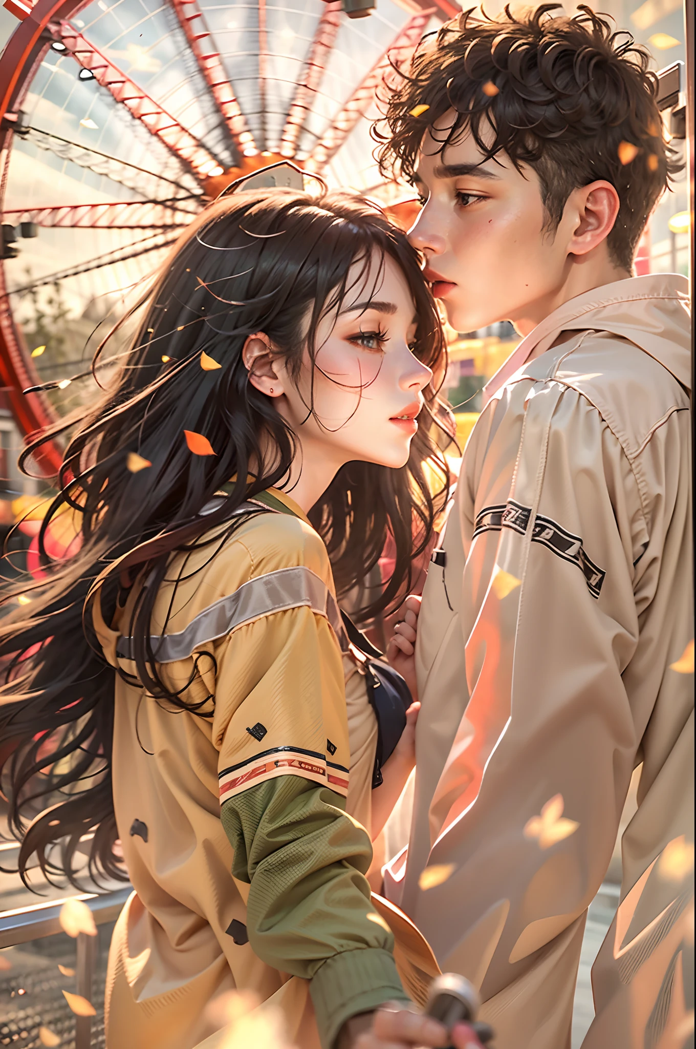 Romantic couple kissing in the wind，Brunette boy，High-haired girls，glowing stars，Glow effects，Heart-shaped bubbles，the night，he Ferris wheel，fire works，The face is clear and accurate，detail in face，super-fine，16K resolution，high qulity，电影灯光，High picture detail，dynamic viewing angle，Detailed pubic hair，Epic shooting，oc rendered