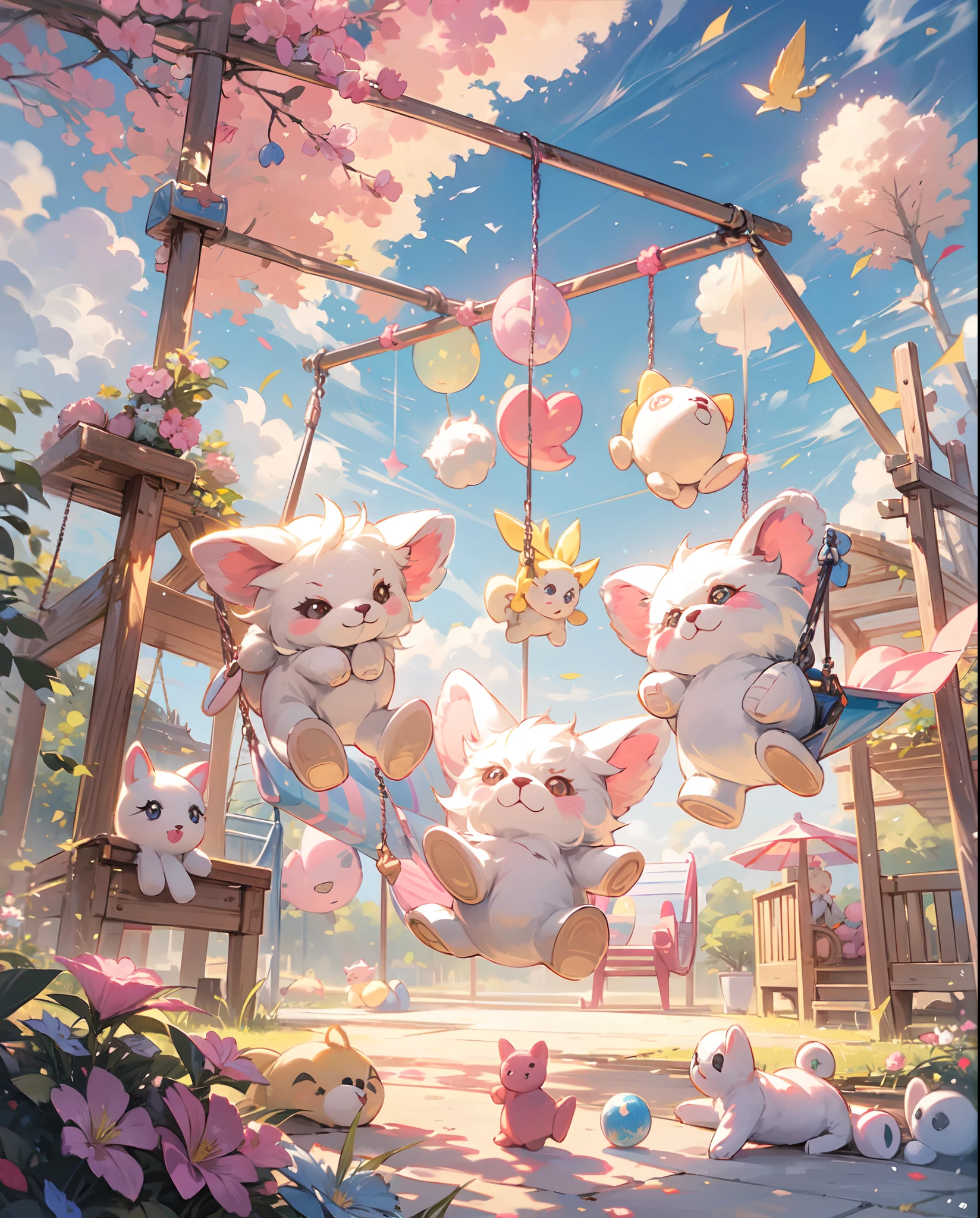 "A stunning photoRealistic drawing of adorable fluffy soft toys joyfully playing on a colorful playground under a beautiful pink and blue sky. The scene is filled with many soft toys happily hopping around, enjoying the swings and slides. They seem to be cuddling and having a delightful time with their fluffy companions."