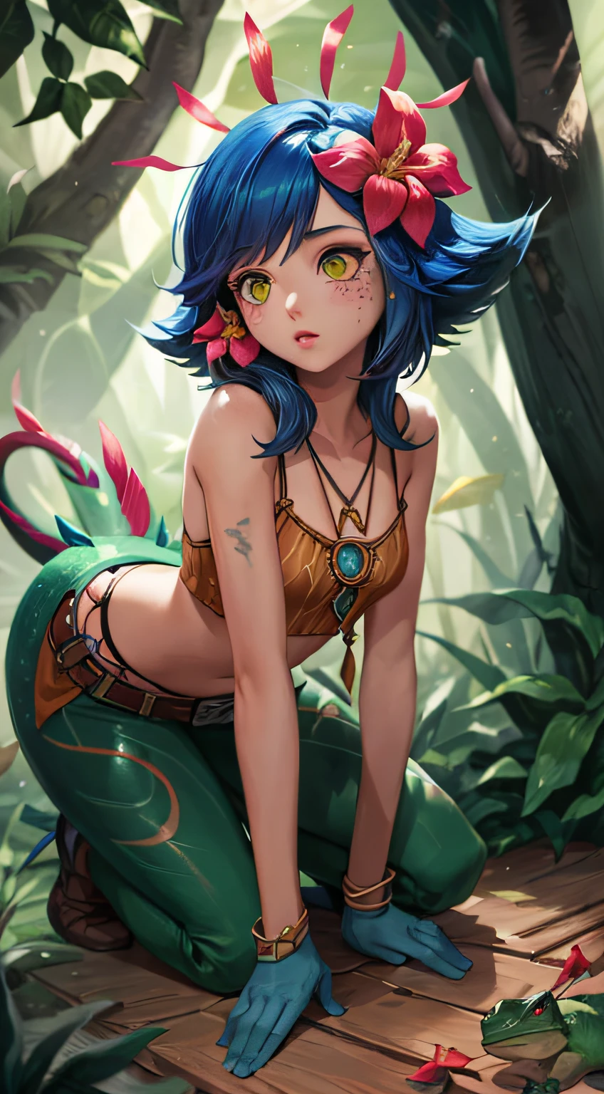 Best quality, Intricate details, 1girll,Nico，league of legend，Bend over，watchfulness， facial marks, hair adornments, hair flower, necklace, shorter pants, Crop topping,(Green lizard tail), ln the forest, jungles, the rainforest, A plant, Green trees