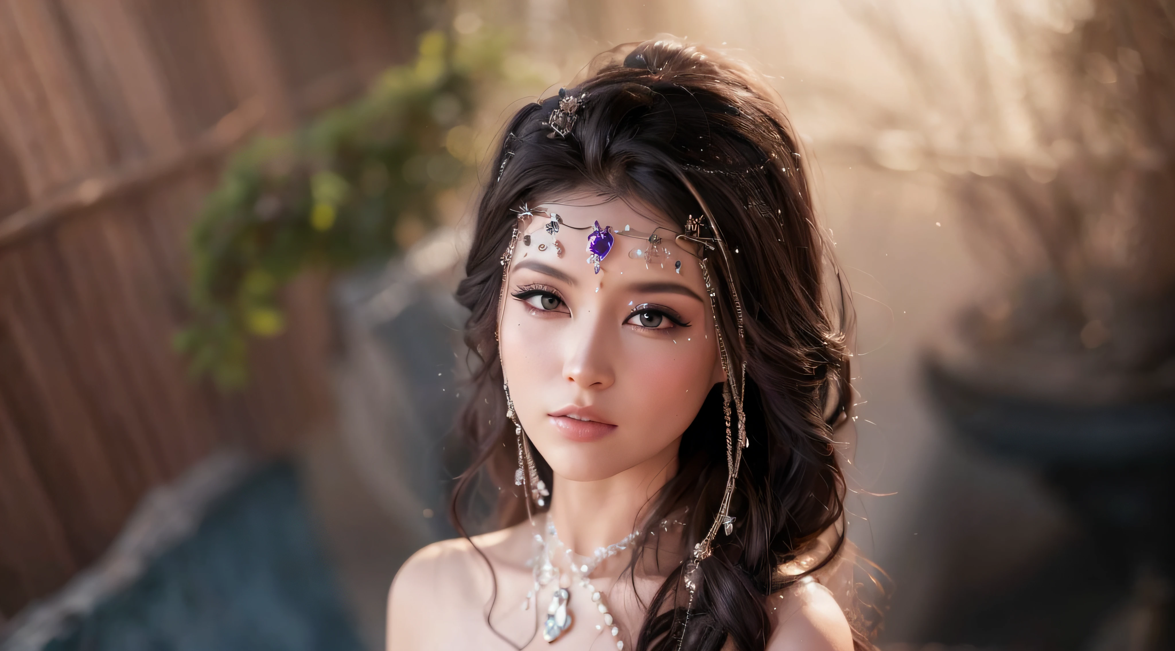 There was a woman with paint and a necklace on her face, a beautiful fantasy empress, very beautiful elven top model, fantasy photoshoot, beautiful and elegant elf queen, a stunning young ethereal figure, Beautiful young wind spirit, fantasy character photo, Beautiful girl model, ultra realistic fantasy tiara, 8K Artgerm bokeh, Ethereal beauty, xianxia fantasy