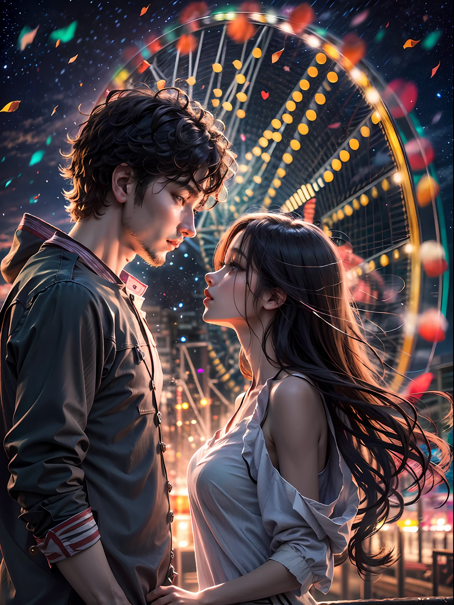 Romantic couple kissing in the wind，Brunette boy，High-haired girls，glowing stars，Glow effects，Heart-shaped bubbles，the night，he Ferris wheel，fire works，The face is clear and accurate，detail in face，super-fine，16K resolution，high qulity，电影灯光，High picture detail，dynamic viewing angle，Detailed pubic hair，Epic shooting，oc rendered