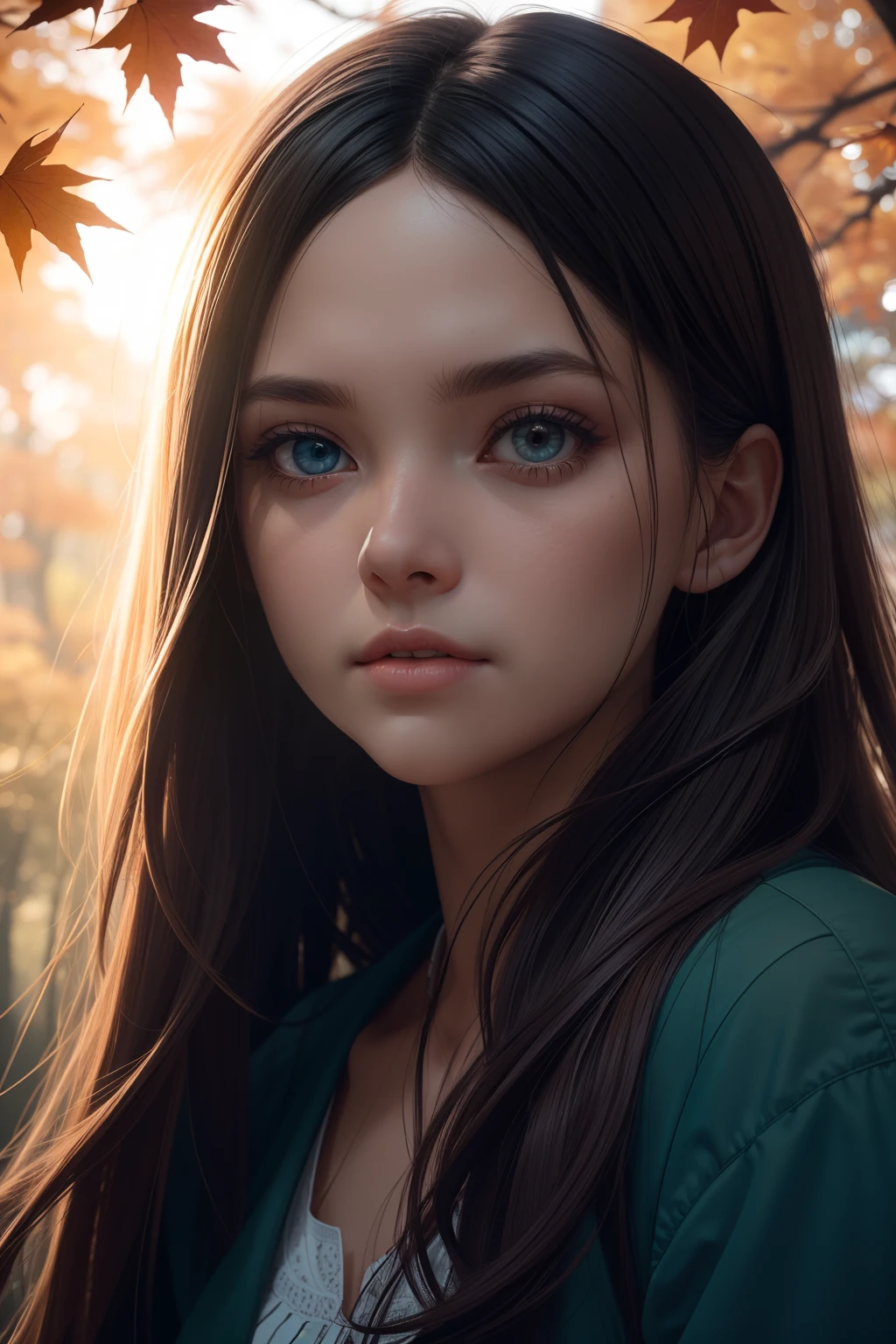 Photography of a girl sitting in a tall tree, watching the autumn leaves fall from above, symmetrical eyes, symmetrical face, photorealistic, photography, path tracing, specular lighting, volumetric face light, path traced hair, visible shadows, shadow mapping, visible reflections, bright lush colours, concept art, highly detailed, illustration, bold colours, cinematic, masterpiece collection, volumetric lighting, fanbox, warm dreamy lighting
