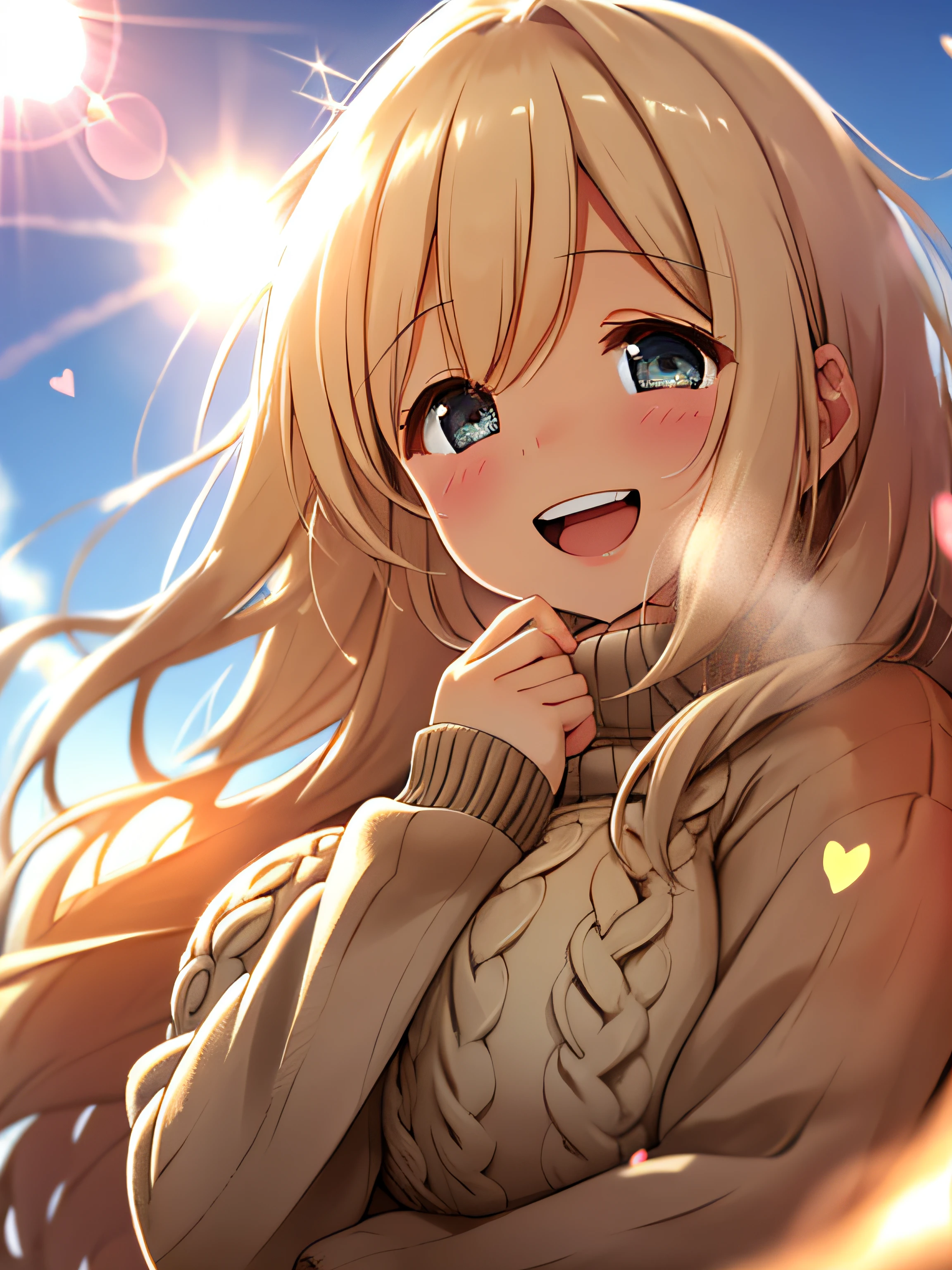 a girl, cosy sweater on, upper body, (huge Laughing:1.1), (open mouth:1.1), (wide open eyes:1.2), sun glare, bokeh, depth of field, blurry background, light particles, strong wind, (heart particles:1.1)