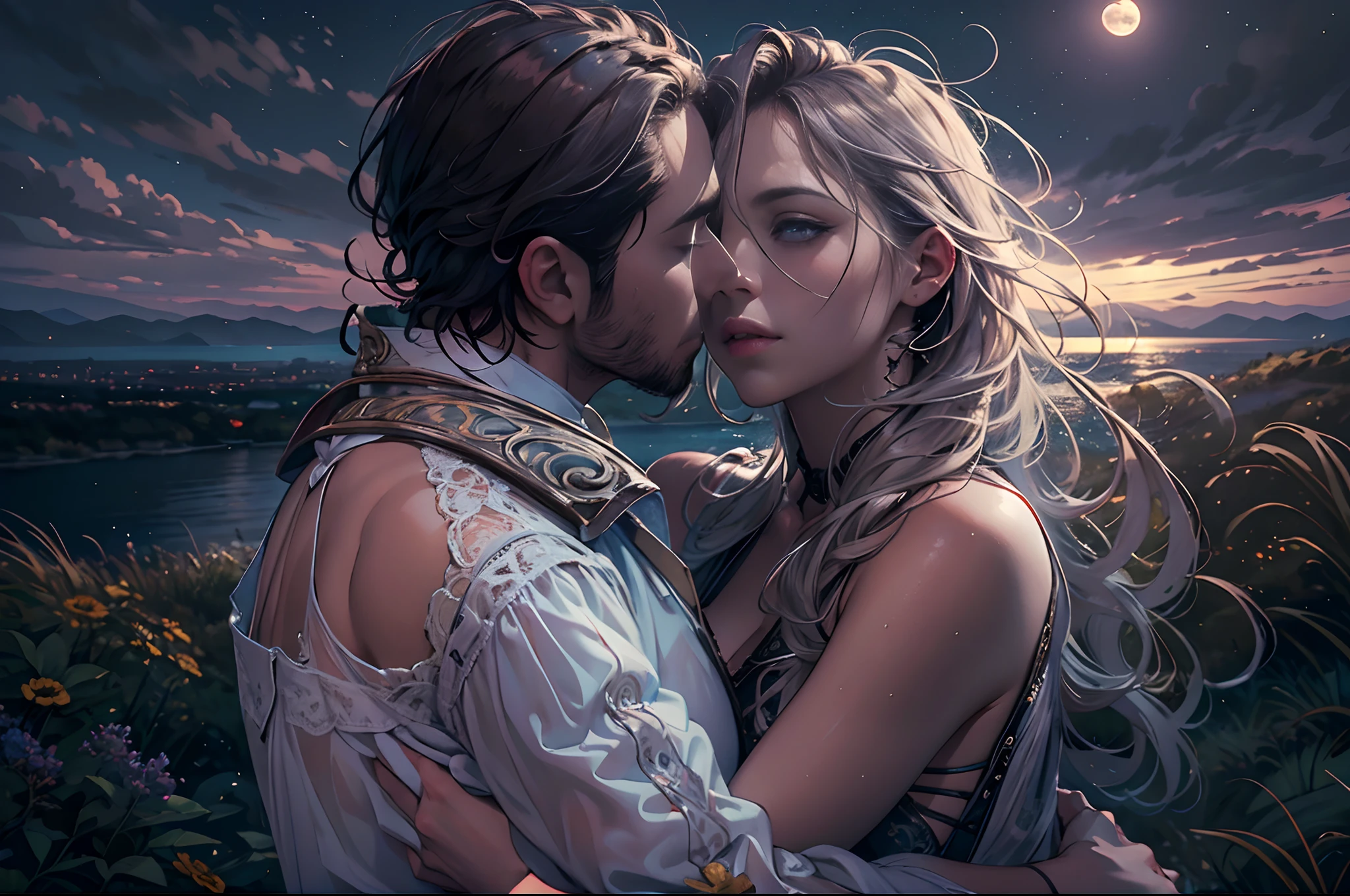 "RAW photo, best,masterpiece, best quality, high quality, extremely detailed,a fantastic photograph of a couple embracing in the moonlight, the landscape is dreamlike, with incredible views, hyper-realistic, intricate details, highly detailed, cinematic style, award-winning photography"