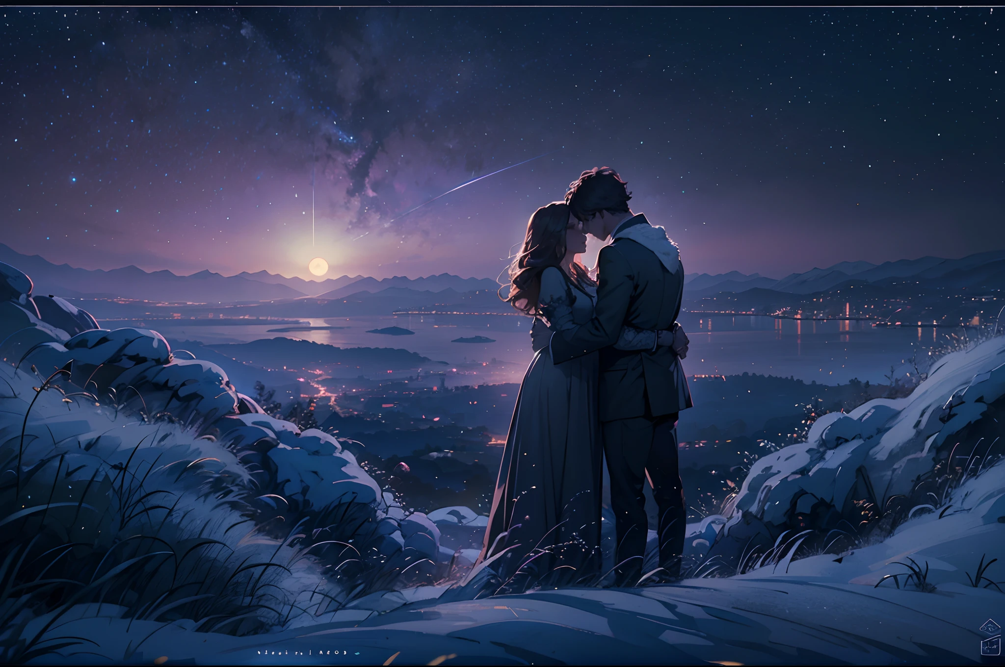 "RAW photo, best,masterpiece, best quality, high quality, extremely detailed,a fantastic photograph of a couple embracing in the moonlight, the landscape is dreamlike, with incredible views, hyper-realistic, intricate details, highly detailed, cinematic style, award-winning photography"