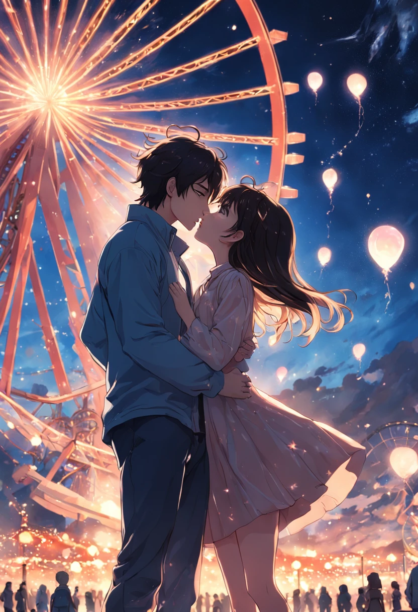Romantic couple kissing in the wind，Brunette boy，High-haired girls，glowing stars，Glow effects，Heart-shaped bubbles，the night，he Ferris wheel，fire works，The face is clear and accurate，detail in face，super-fine，16K resolution，high qulity，电影灯光，High picture detail，dynamic viewing angle，Detailed pubic hair，Epic shooting，oc rendered