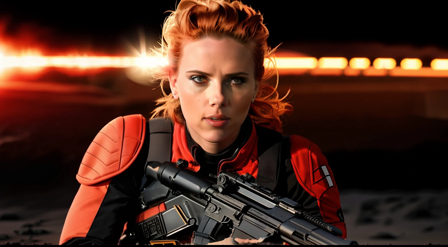(8k, RAW photo, best quality, highres: 1.2), (realistic, photorealistic: 1.37), full body shot of Scarlett Johannsen holding a gun on Mars as a mass effect soldier in a futuristic outfit, (wielding a high-tech weapon), red hair, (off center), with a determined look on her face. The backdrop should depict a dystopian Martian landscape under a stormy sky. facing the right, space helmet, (135mm lens, F/1.8, lens flare)