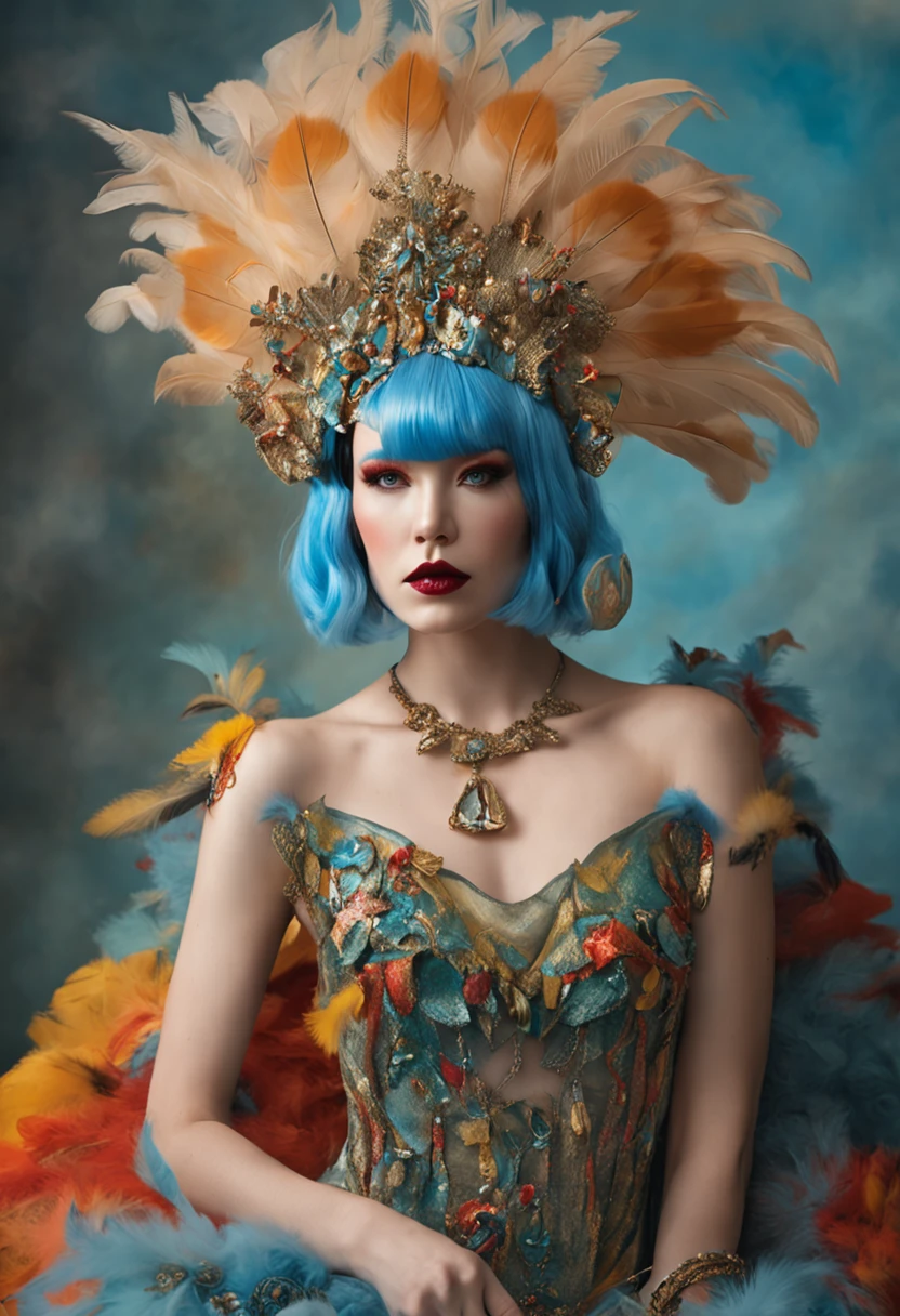 There is a blue hair，Woman with feathers on her head, fantasy photoshoot, glamourous cosplay, girl with feathers, elegant glamourous cosplay, Alice X. zhang, fantasy character photo, Guviz-style artwork, Shot on Canon EOS R 6, Ruan Jia and Artgerm, by Yang J, Gorgeous Role Play, rococo cyberpunk