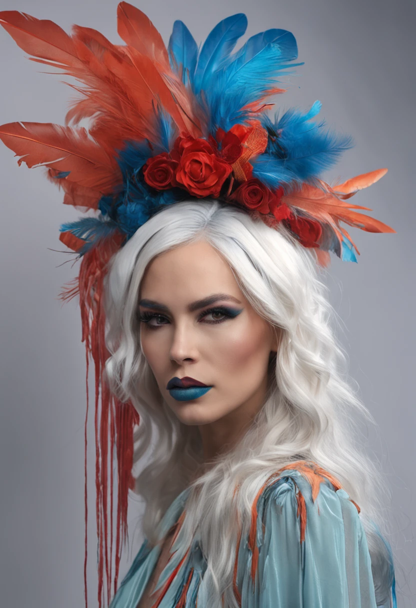There is a blue hair,Woman with feathers on her head, fantasy photoshoot, glamourous cosplay, girl with feathers, elegant glamourous cosplay, Alice X. zhang, fantasy character photo, Guviz-style artwork, Shot on Canon EOS R 6, Ruan Jia and Artgerm, by Yang J, Gorgeous Role Play, rococo cyberpunk