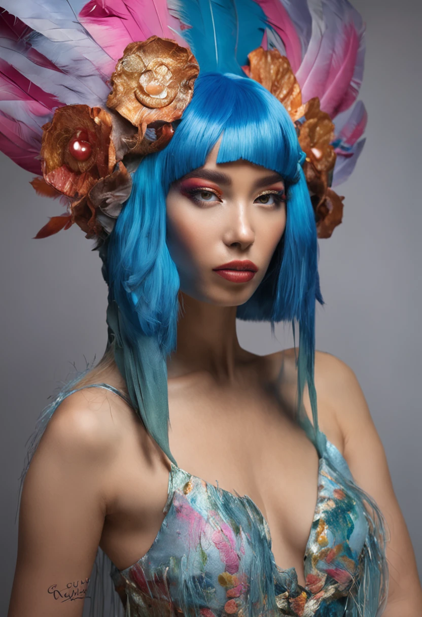 There is a blue hair,Woman with feathers on her head, fantasy photoshoot, glamourous cosplay, girl with feathers, elegant glamourous cosplay, Alice X. zhang, fantasy character photo, Guviz-style artwork, Shot on Canon EOS R 6, Ruan Jia and Artgerm, by Yang J, Gorgeous Role Play, rococo cyberpunk