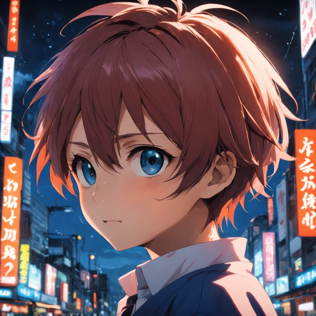 hoang lap，A high resolution，hyper-detailing，HDR），tmasterpiece，best qualtiy，1boy，handsome，short detailed hair，Fine eyes and detailed face，（whitet-shirt），（red blous），dimple，Night Street，nightcity，midynight，self-shot，Light smile