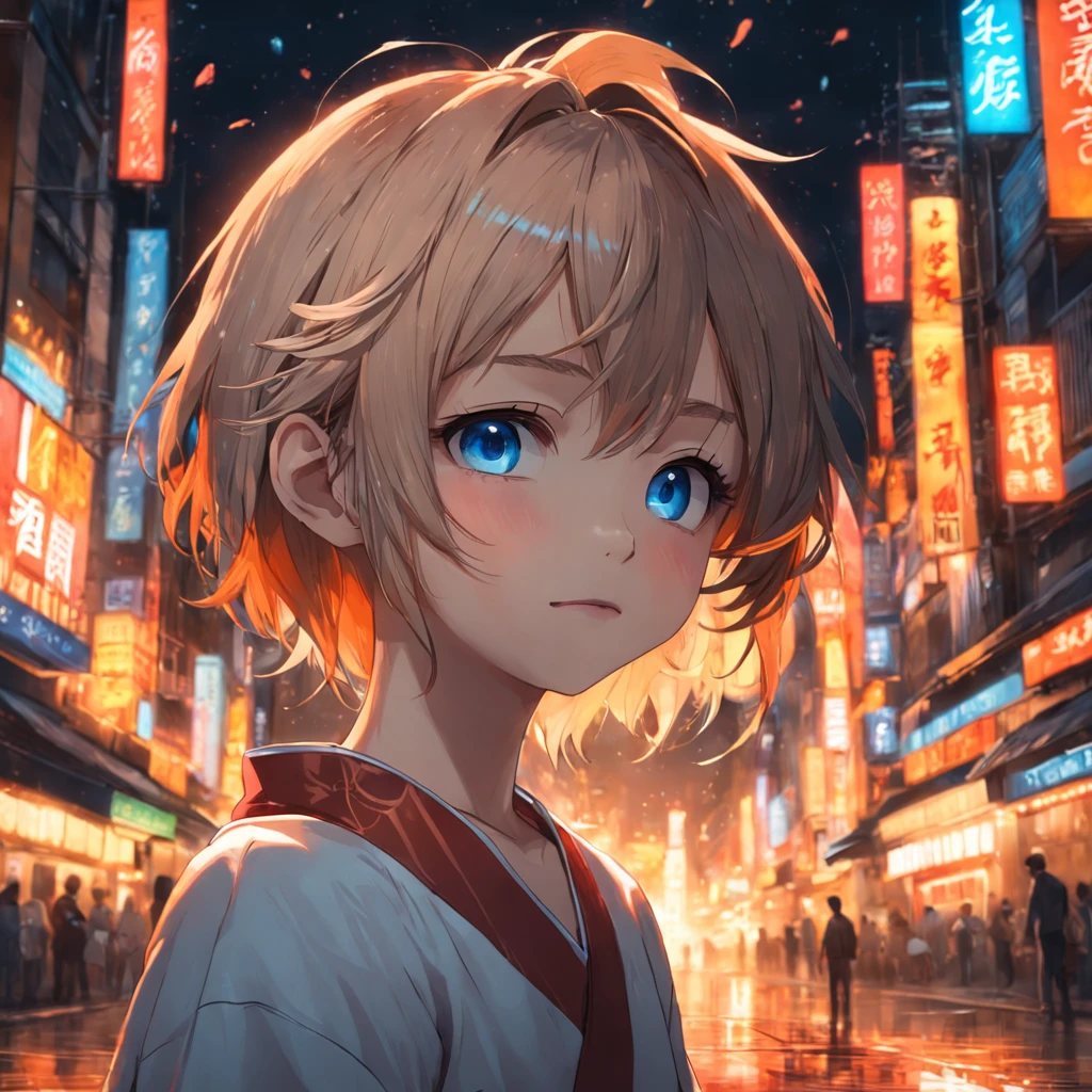 hoang lap，A high resolution，hyper-detailing，HDR），tmasterpiece，best qualtiy，1boy，handsome，short detailed hair，Fine eyes and detailed face，（whitet-shirt），（red blous），dimple，Night Street，nightcity，midynight，self-shot，Light smile