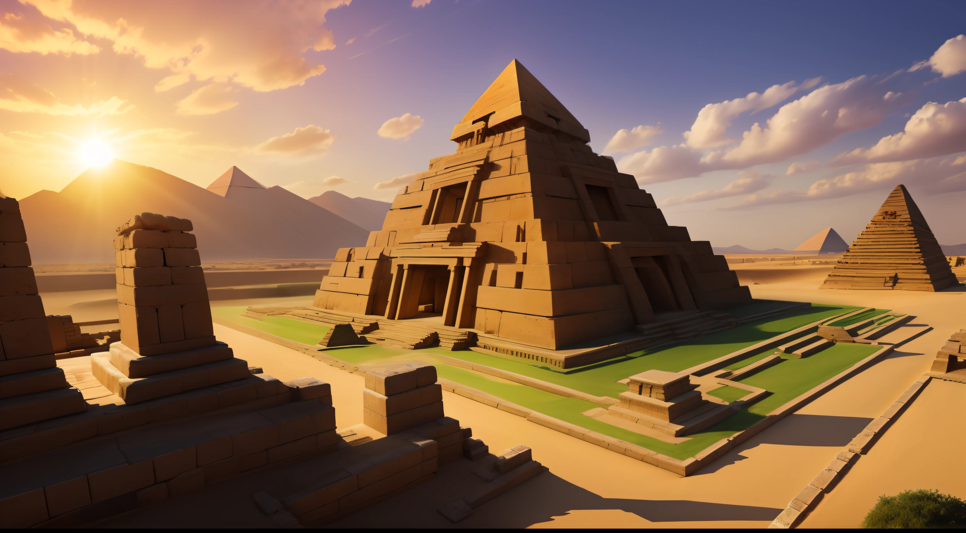 ancient ruins, pyramids, lots of green plants, desert, sunset, intricate details, master piece