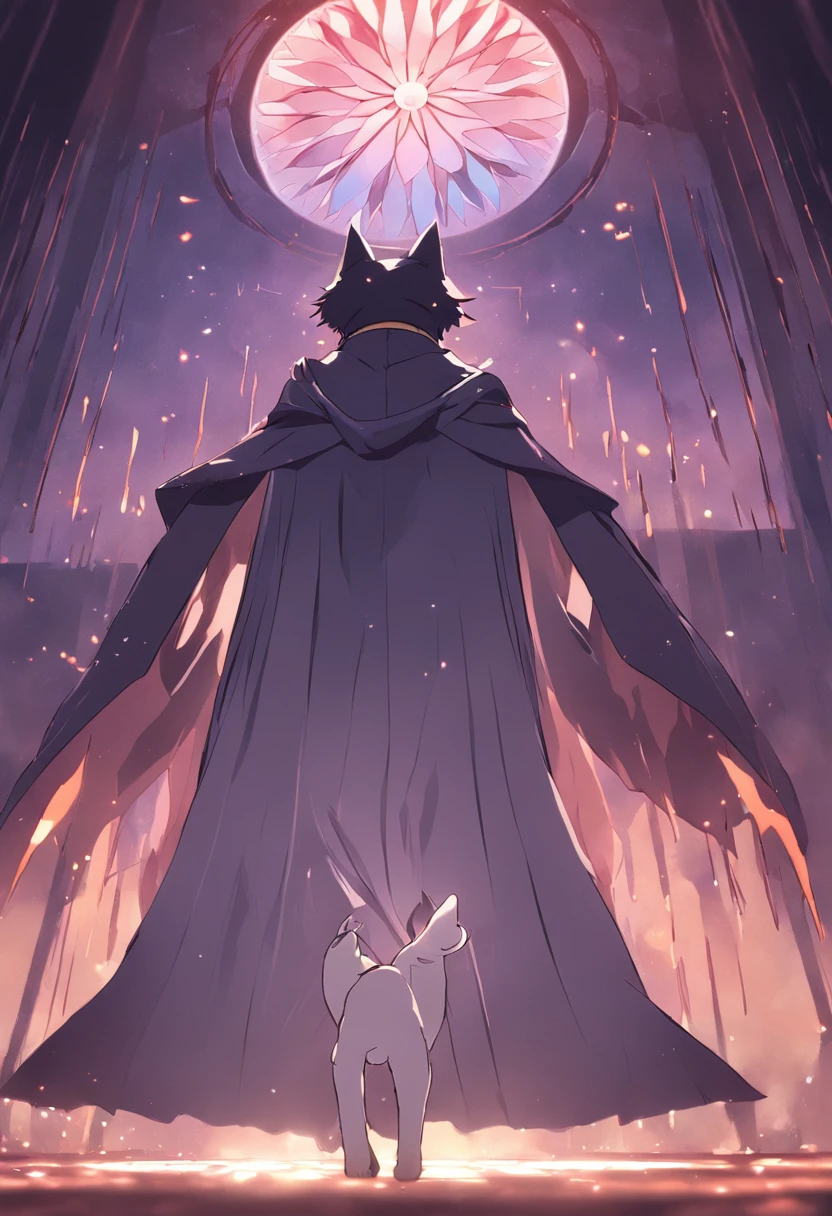 Anime scene of a cat in a cape standing in front of a clock, dreamy psychedelic anime, in style of cytus and deemo, videogame screenshot, screenshot from guro anime, animation still screencap, video game screenshot, cutscene footage, screenshot from the anime film, game screenshot, cinematics, game screenshot, still from tv anime