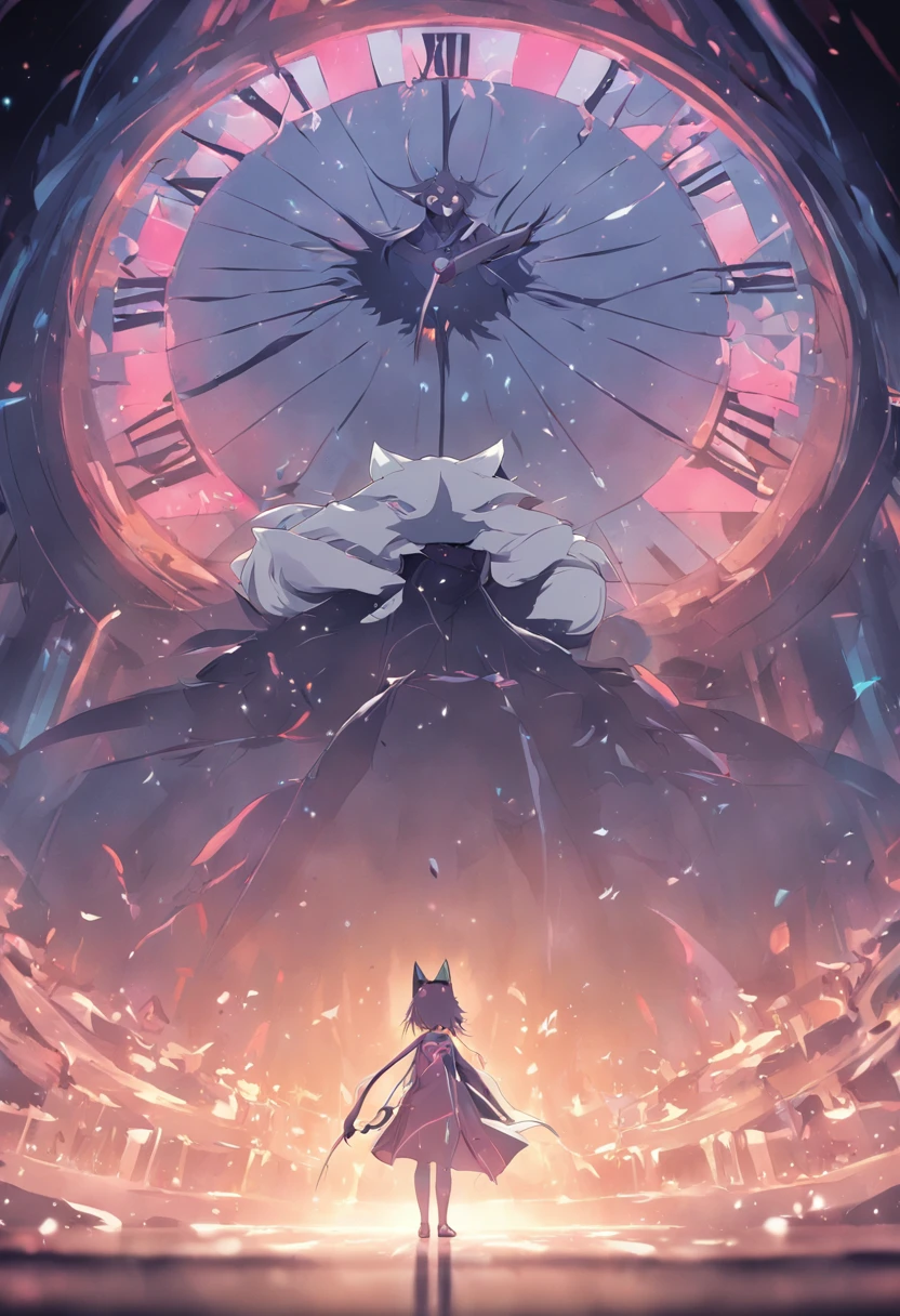 Anime scene of a cat in a cape standing in front of a clock, dreamy psychedelic anime, in style of cytus and deemo, videogame screenshot, screenshot from guro anime, animation still screencap, video game screenshot, cutscene footage, screenshot from the anime film, game screenshot, cinematics, game screenshot, still from tv anime