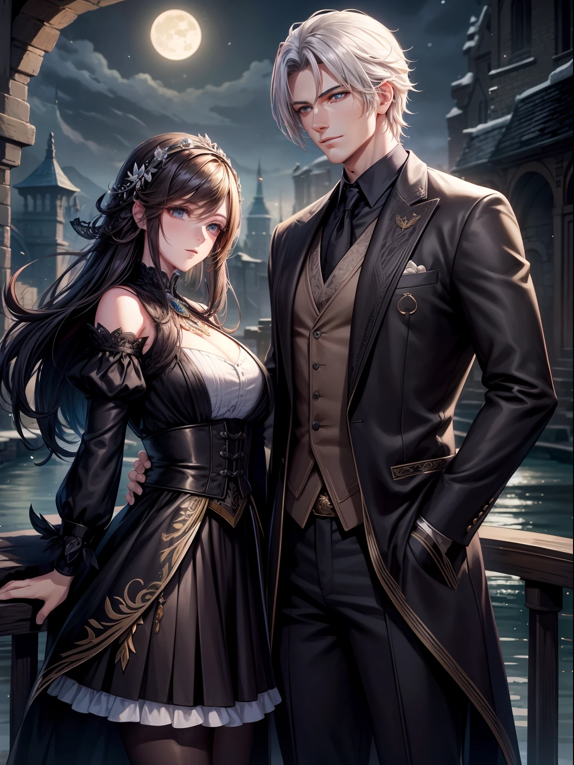 A handsome man and a beautiful woman,Meet at the Magpie Bridge under the moonlit night,HD graphics