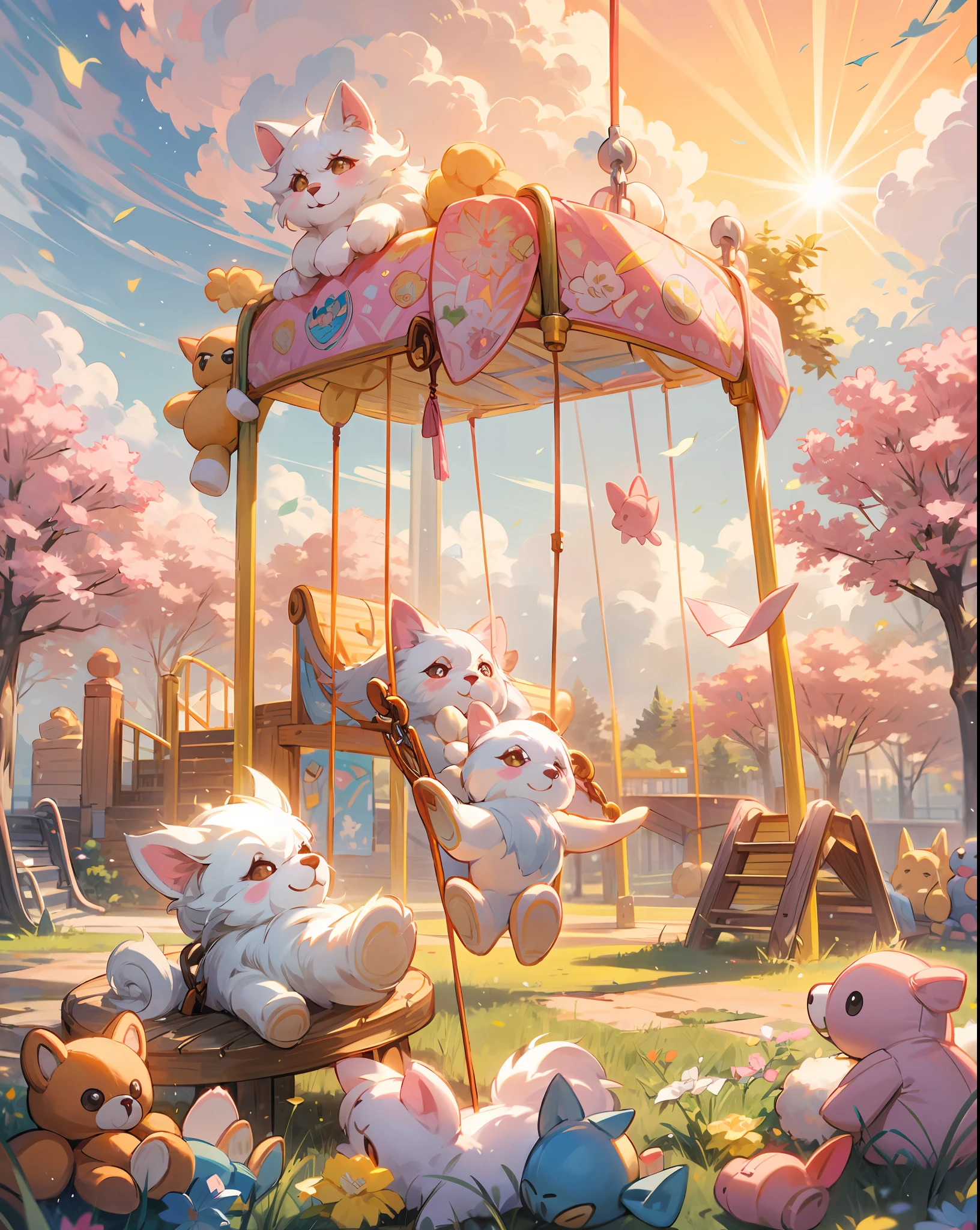 "A stunning photoRealistic drawing of adorable fluffy soft toys joyfully playing on a colorful playground under a beautiful pink and blue sky. The scene is filled with many soft toys happily hopping around, enjoying the swings and slides. They seem to be cuddling and having a delightful time with their fluffy companions."